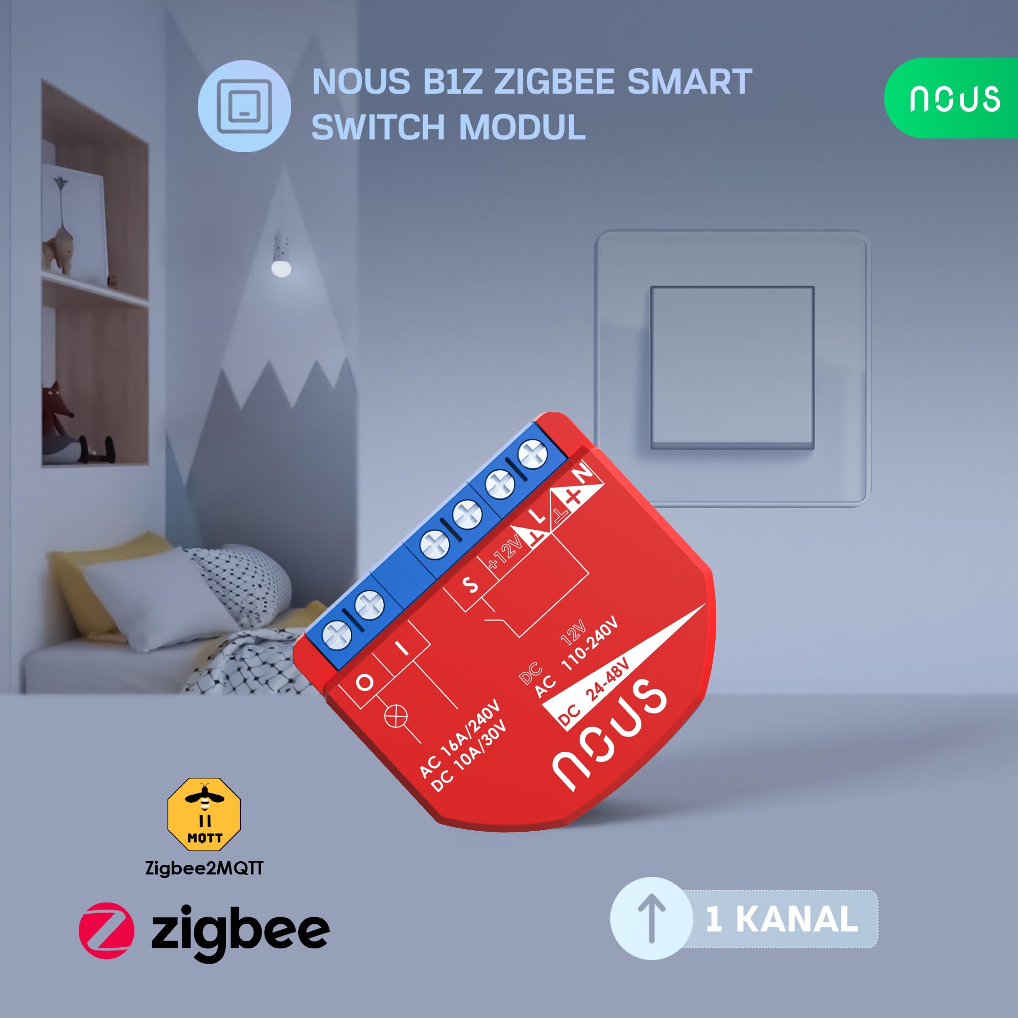 NOUS ZigBee Moduły Smart Switch, 1 kanał, AC 16 A/DC 10 A, suche styki, wymagany koncentrator ZigBee 3.0, kompatybilny z Alexa, Google Assistant, Home Assistant, aplikacją Tuya Smart Life