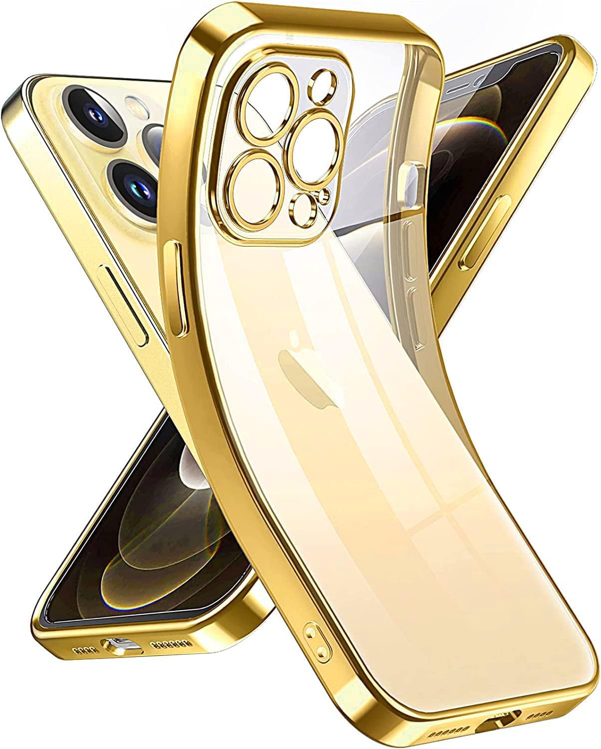 VONZEE Thermoplastic Polyurethane Transparent Case Luxury Electroplated Soft Edge Bumper Case, Full Camera Lens Protection & Shockproof Case Cover Compatible For iPhone 13 Pro Max 6.7 inches (Gold)