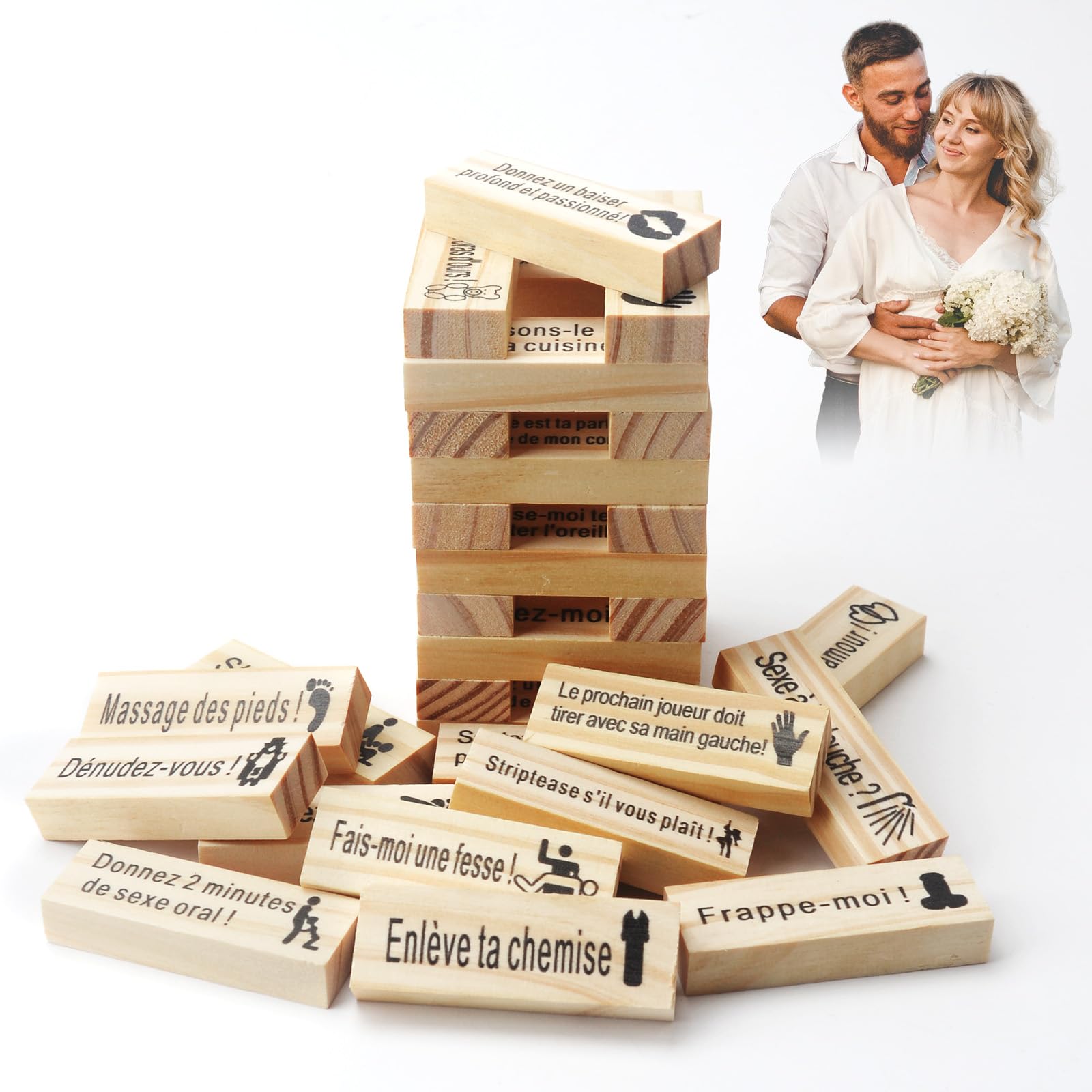 48 Pièces Français Jeu de Tour Blocs Coquins Couples,Lust Tower,Tour de culbutage pour la Saint-Valentin et Soirée Romantique,Jeu d'Empilage pour Couples,Blocs Empilables en Bois pour Adultes