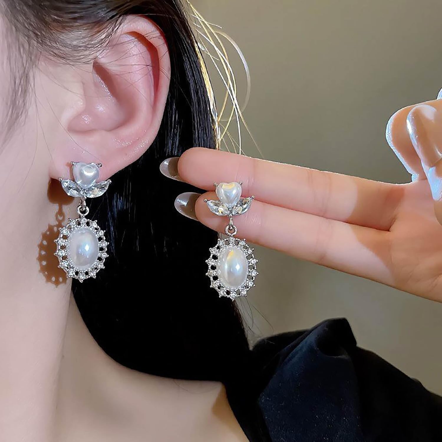 Vintage Pearl Drop Earrings Silver Crystal Earrings Oval Pearl Dangle Earrings Sparkly Bridal Wedding Earrings Jewelry for Women - Image 7