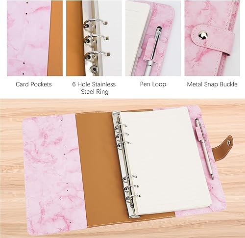 Miniatura 3 de FYY Carpeta de cuero A5 con 6 anillas, cuaderno recargable A5 con bolsillos para carpeta, divisores A5, papel de repuesto A5, carpeta de viaje de