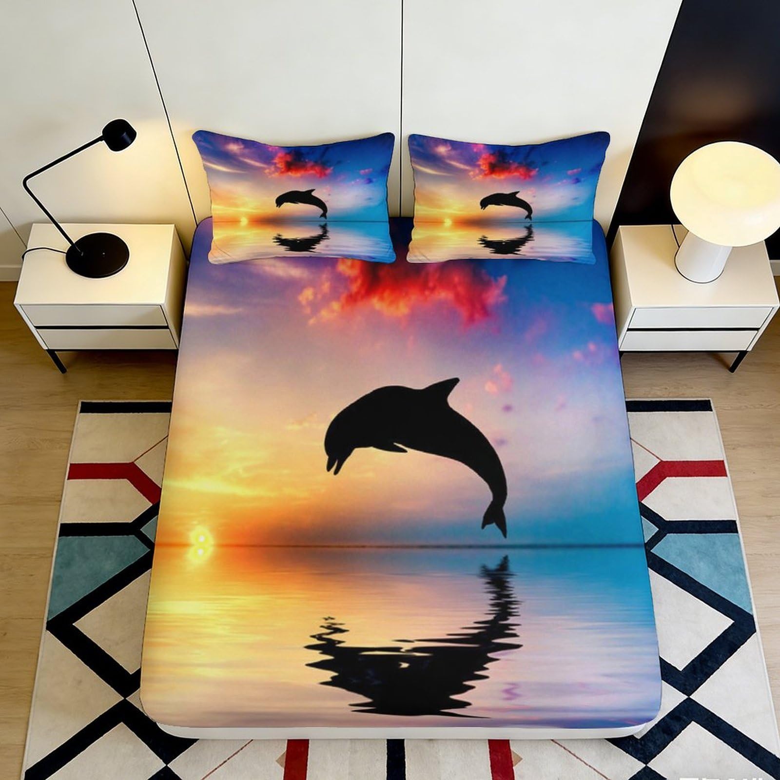 3D Printed Dolphin Sunset Fitted Sheet Microfiber Soft Durable Ocean View Bed Cover for Bedroom Dormitory Guest Room Mattress Protection Decor 140x200x25cm