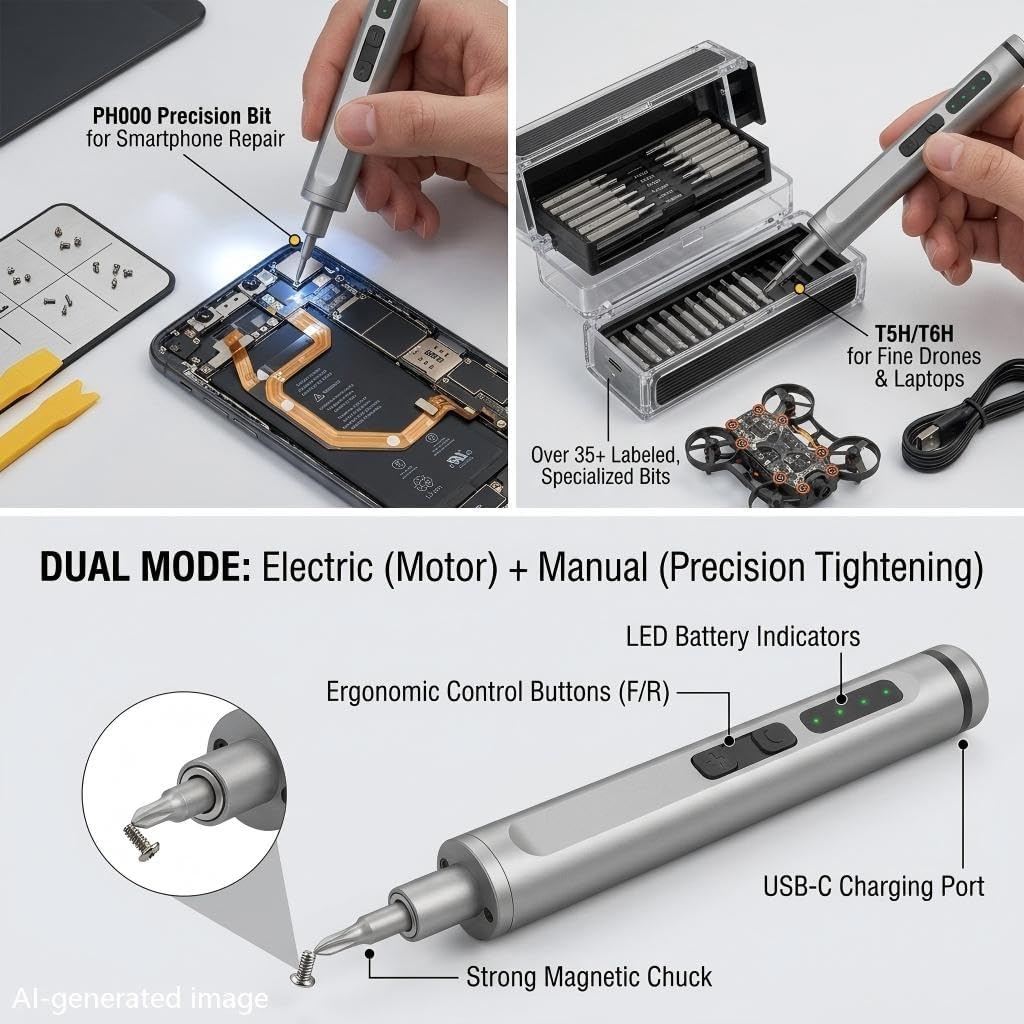 42-in-1 Mini Electric Screwdriver, Precision Screwdriver Set | 36 S2 Steel Bits & 2 Pry Bars, 3.7V Type-C Rechargeable, Magnetic Storage, Repair Tool for Electronics Phone, Laptop, Camera