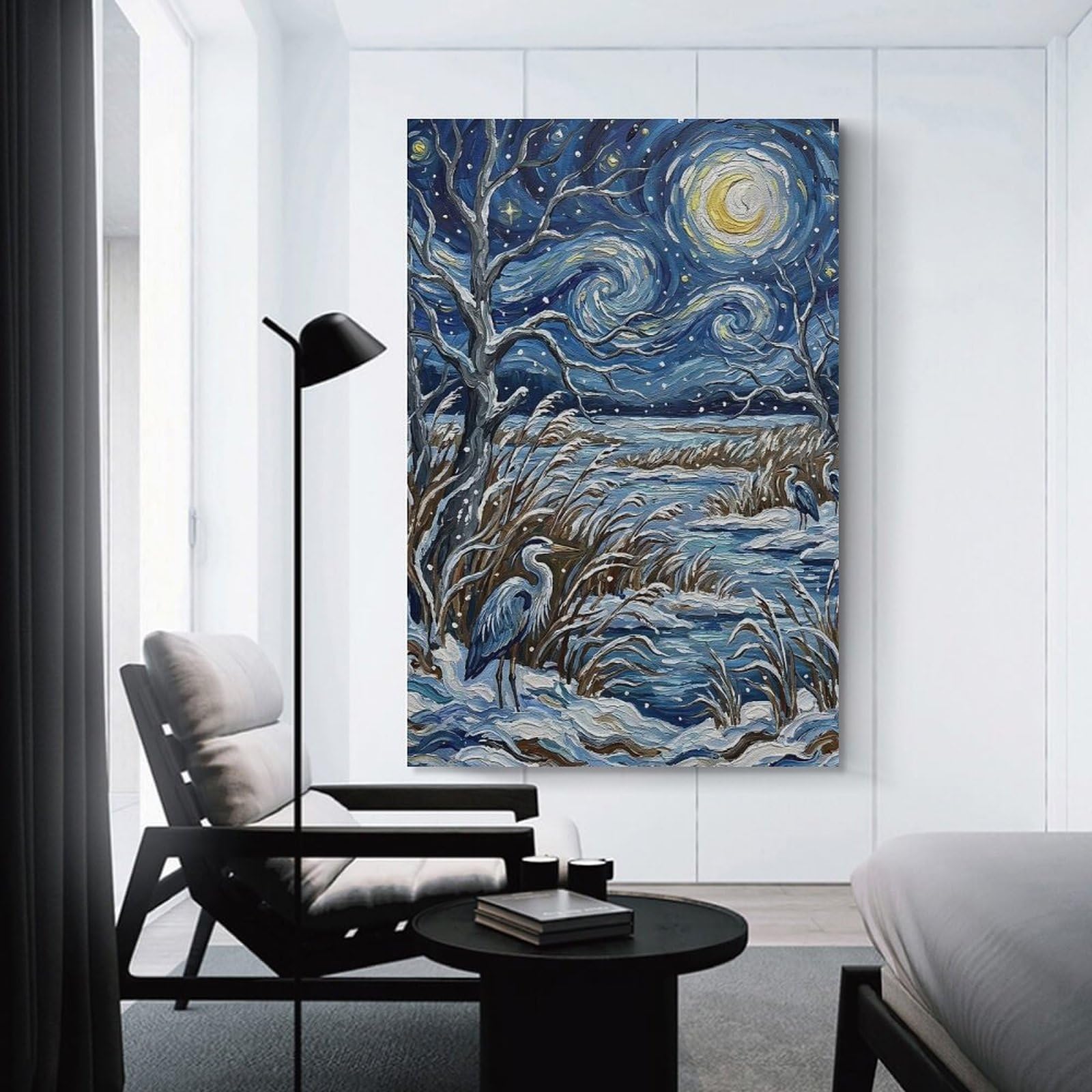 Junmoney Wall Picture Print Herons in A Snowy Starry Night Landscape, 20x30inch(50x75cm), for Workspace Walls, Study Corners Or Bedrooms, A Smart Decor Choice for Study Walls