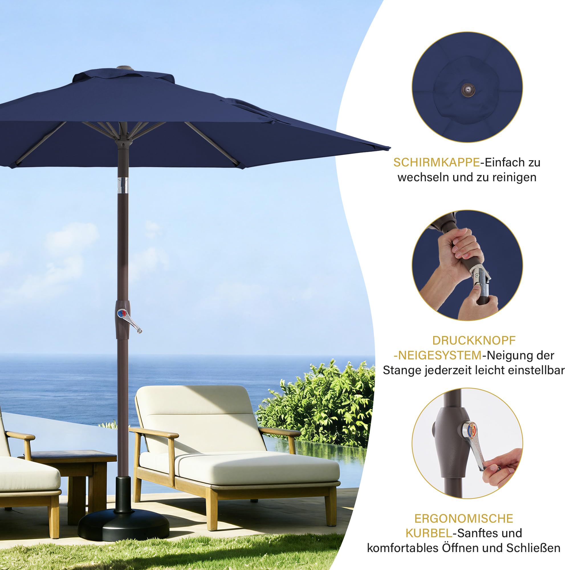 Palawano 2.3m Sonnenschirm, Neigbarer Gartenschirm mit Kurbel & Eisenmast, UV Schutz UPF 50+, Belüftetes Design, Sonnenschirm für Garten, Terrasse, Balkon & Strand, Marineblau