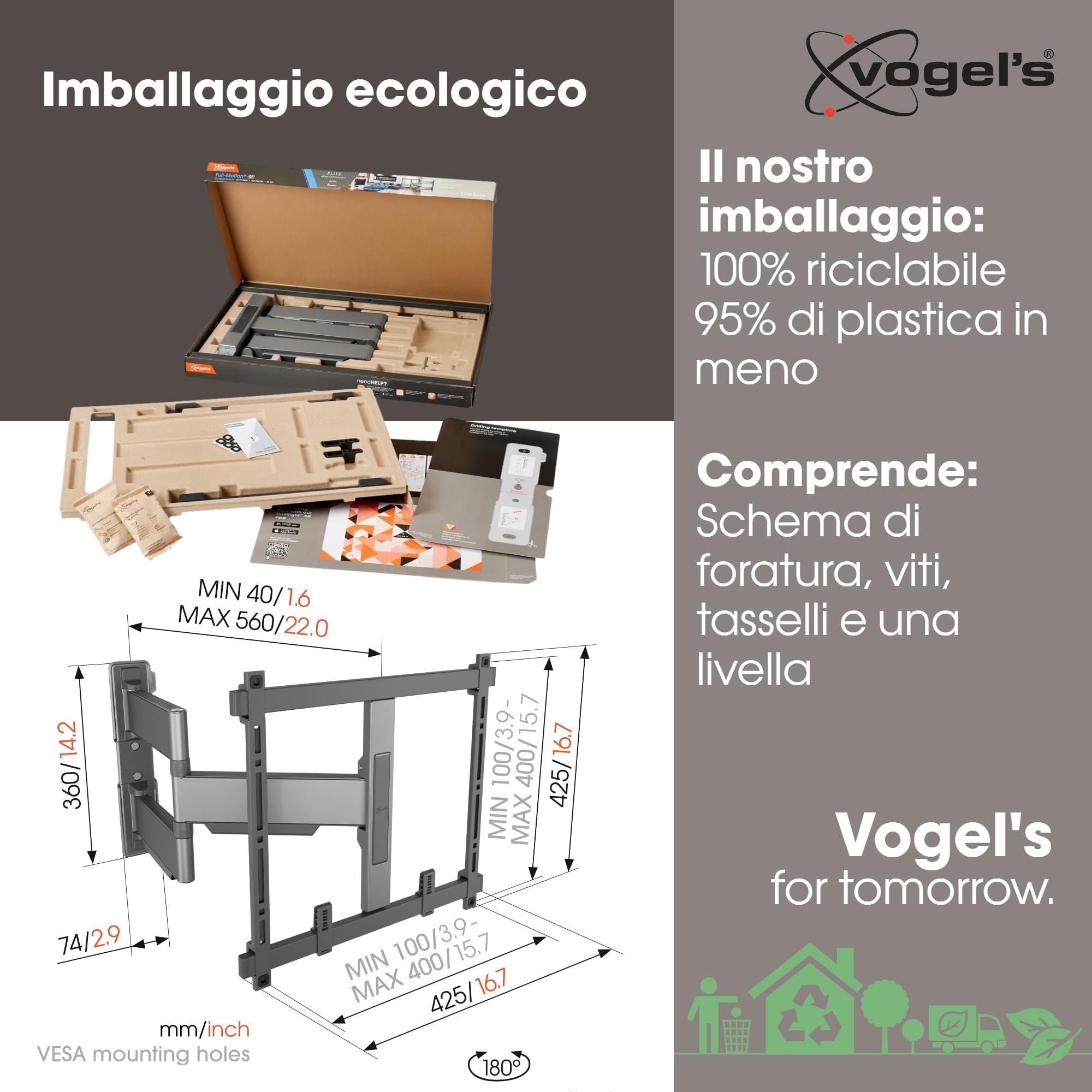 Vogel's Elite 5445 - Supporto da parete per TV da 32-65", orientabile fino a 180°, supporto TV Full Motion max. VESA 400x400, compatibilità universale