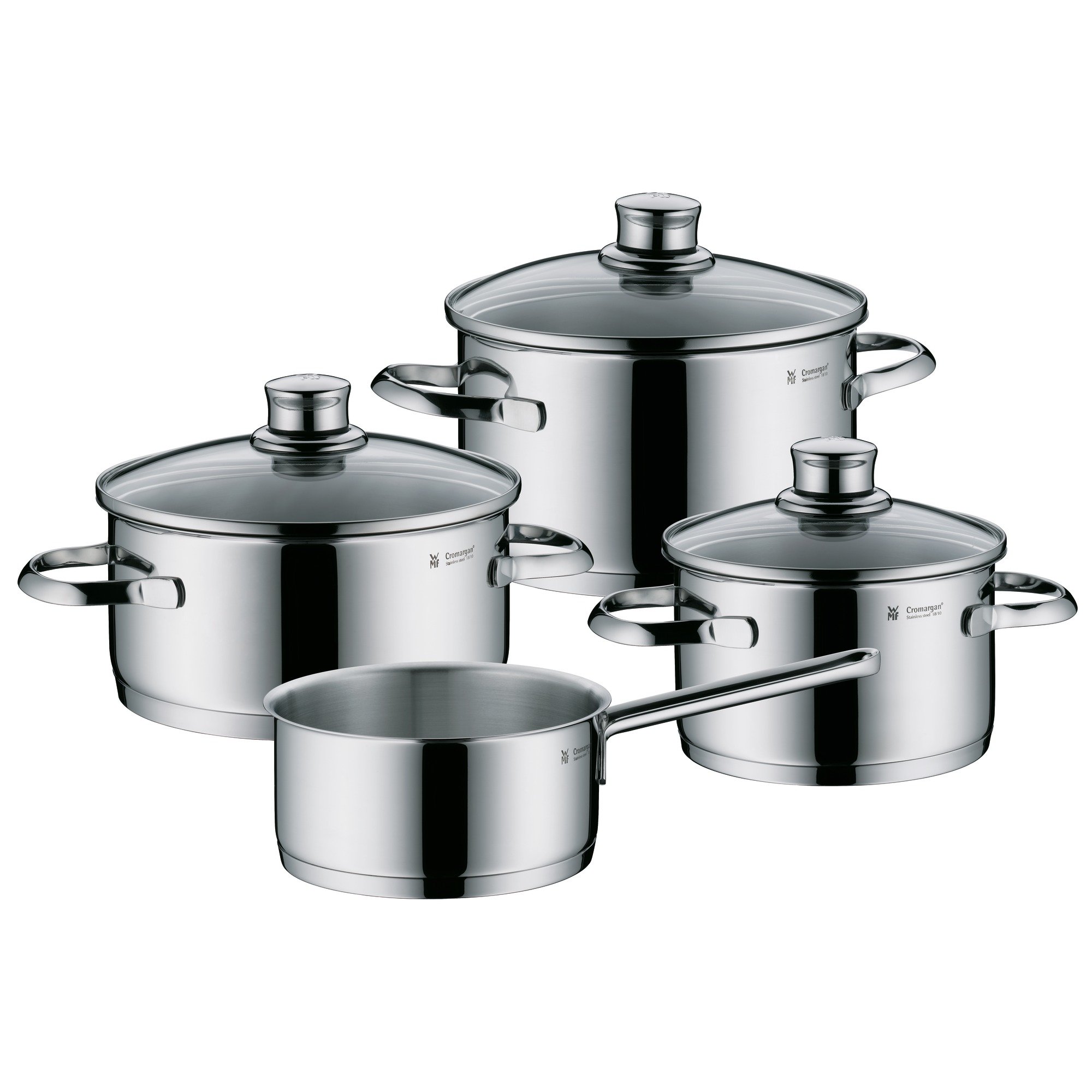 WMF Cooking Pot Set 4 Pieces Polished Frying Pan Casserole Pot Sapphire Rim Glass Saucepan Lid Cromargan Stainless Steel Suitable for Induction Cookers Dishwasher Safe