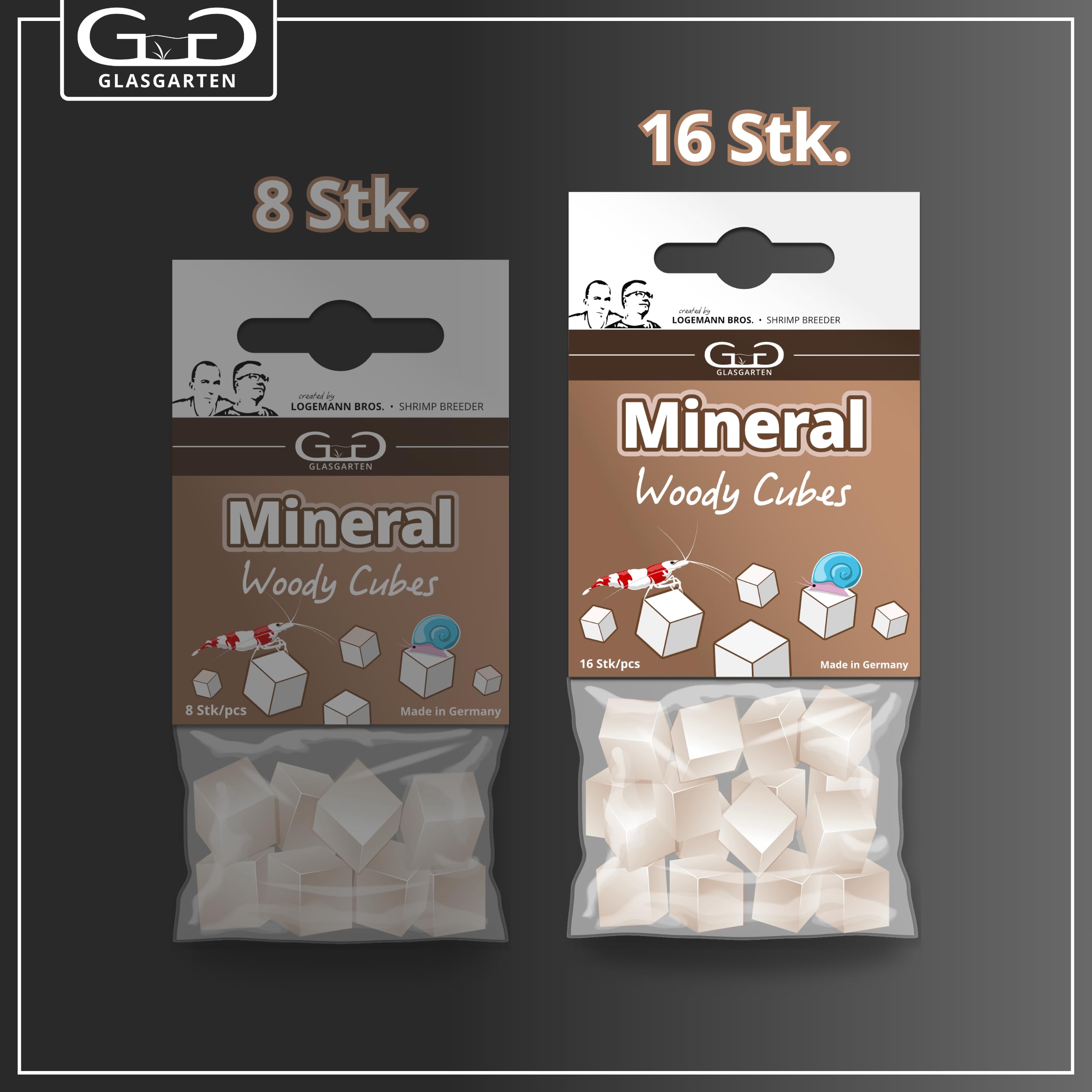 GlasGarten Mineral Woody Cubes | 16 pezzi – Mangime complementare/minerale per gamberetti decorativi, lumache e gamberi con minerali e fibre di legno