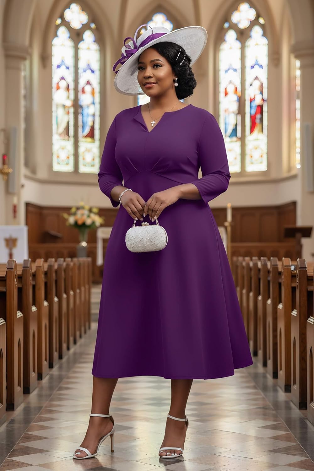 Nmoder Women's Plus Size Stretchy Flared Wrap Dress Casual Wedding Guest Midi Dresses V Neck 3/4 Sleeve A-Line Swing Dress - Image 3