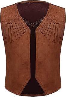ACSUSS Western Cowboy Kids Costume for Cosplay Party Boys Kids Brown Fringe Open Front Vest Role Play Dress Up Brown 14 Years