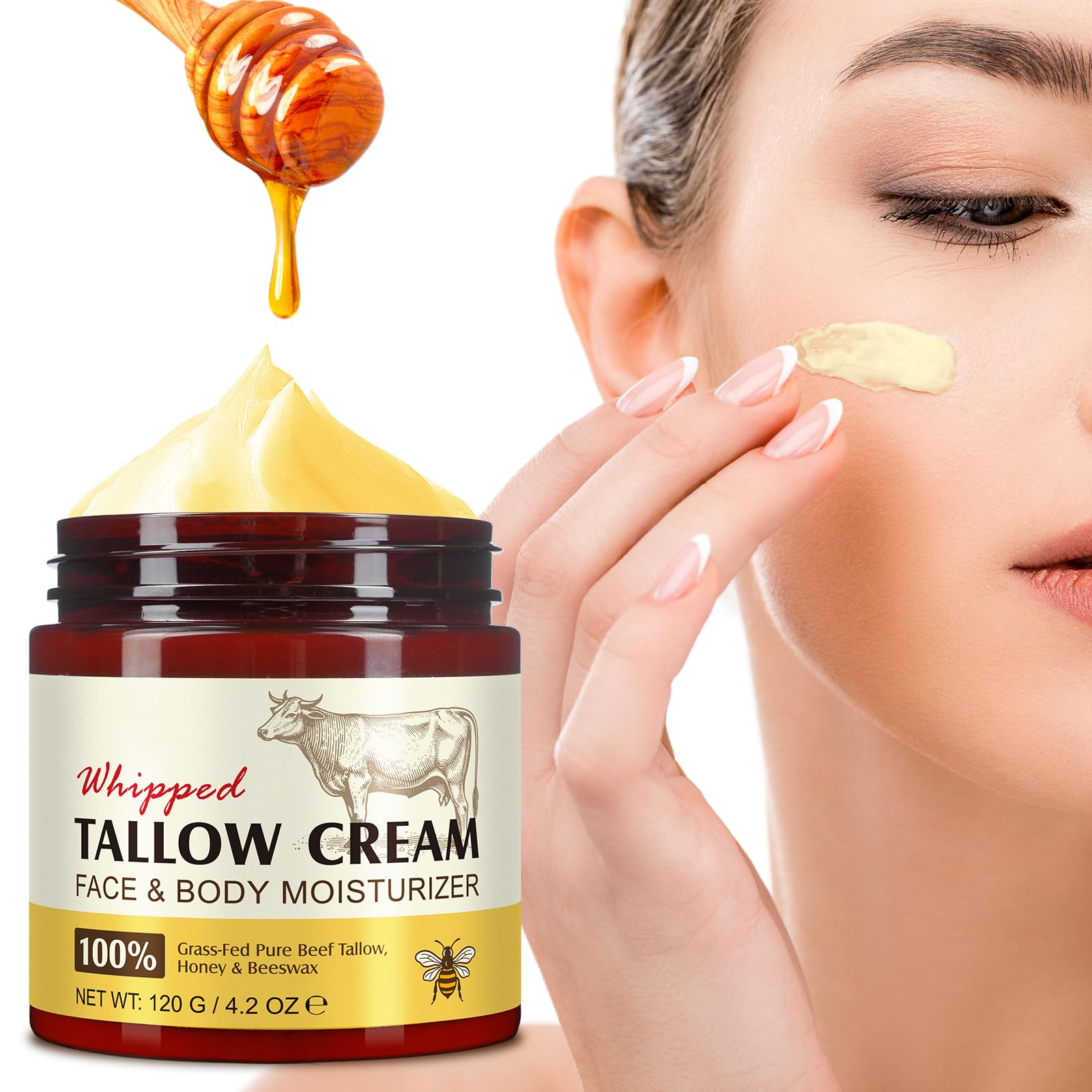 Beef Tallow Honey Balm Beef Tallow Skin Care, łój wołowy do skóry, łój wołowy, balsam miodowy, balsam z ubitego łoju wołowego i miodu, krem Tallow nawilżający i przeciwstarzeniowy (1 szt.)