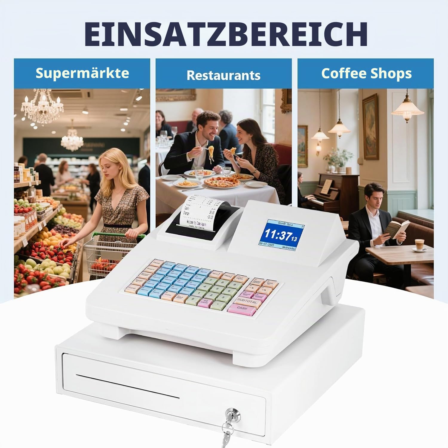MABAOHENG Elektronische Registrierkasse mit 58 mm Thermodruck Kasse für den Handel mit LED Kundenanzeige Smart-Kassensystem Einzelhandel mit Kassenschublade für Gastronomie/Einzelhandel (English)