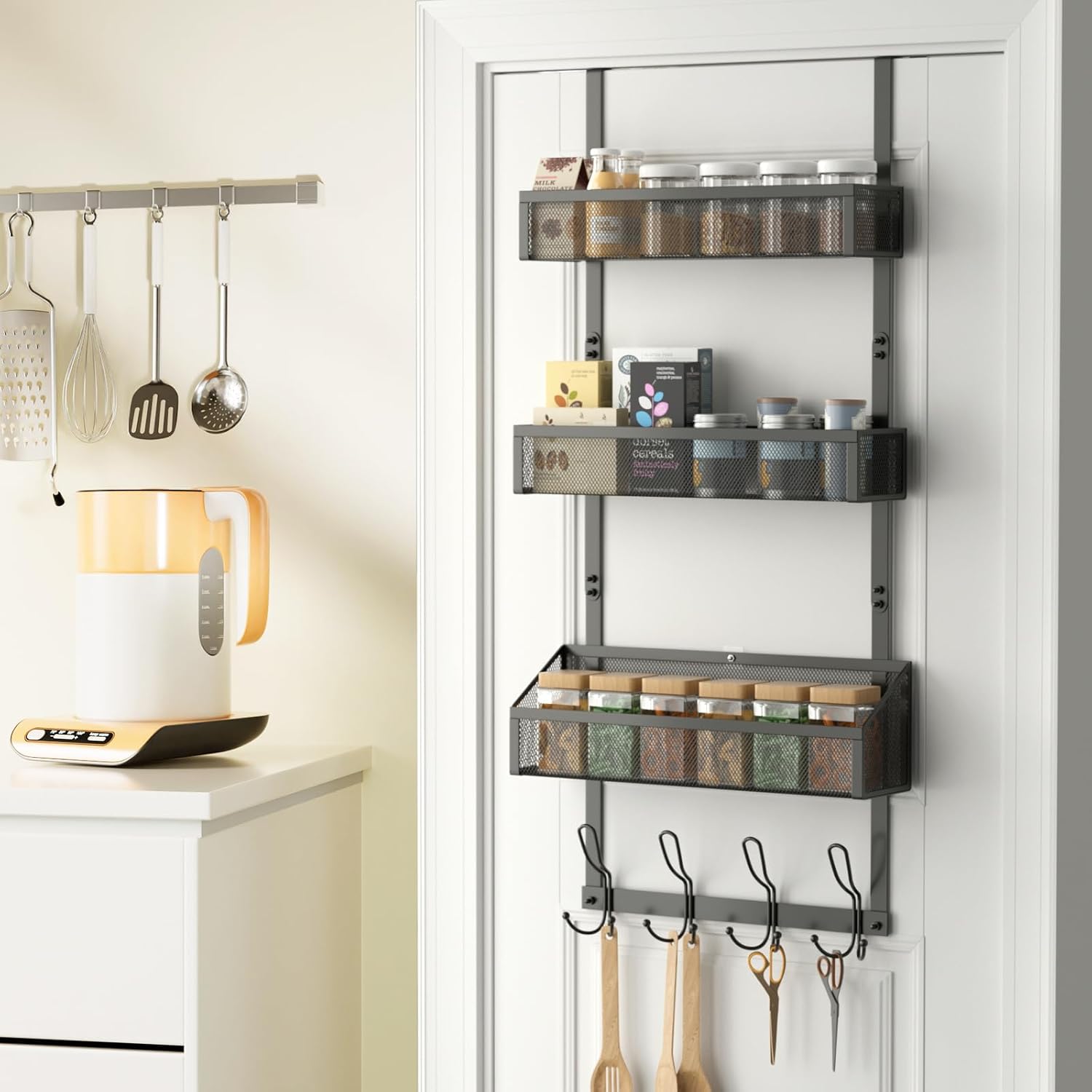 Over The Door Shower Caddy, Over The Door Hook Organizer with 12 Hooks & 3 Mesh Baskets – Space-Saving Towel Rack & Storage Hanger for Bathroom, Kitchen, Bedroom, No Drill Door Hooks, Black