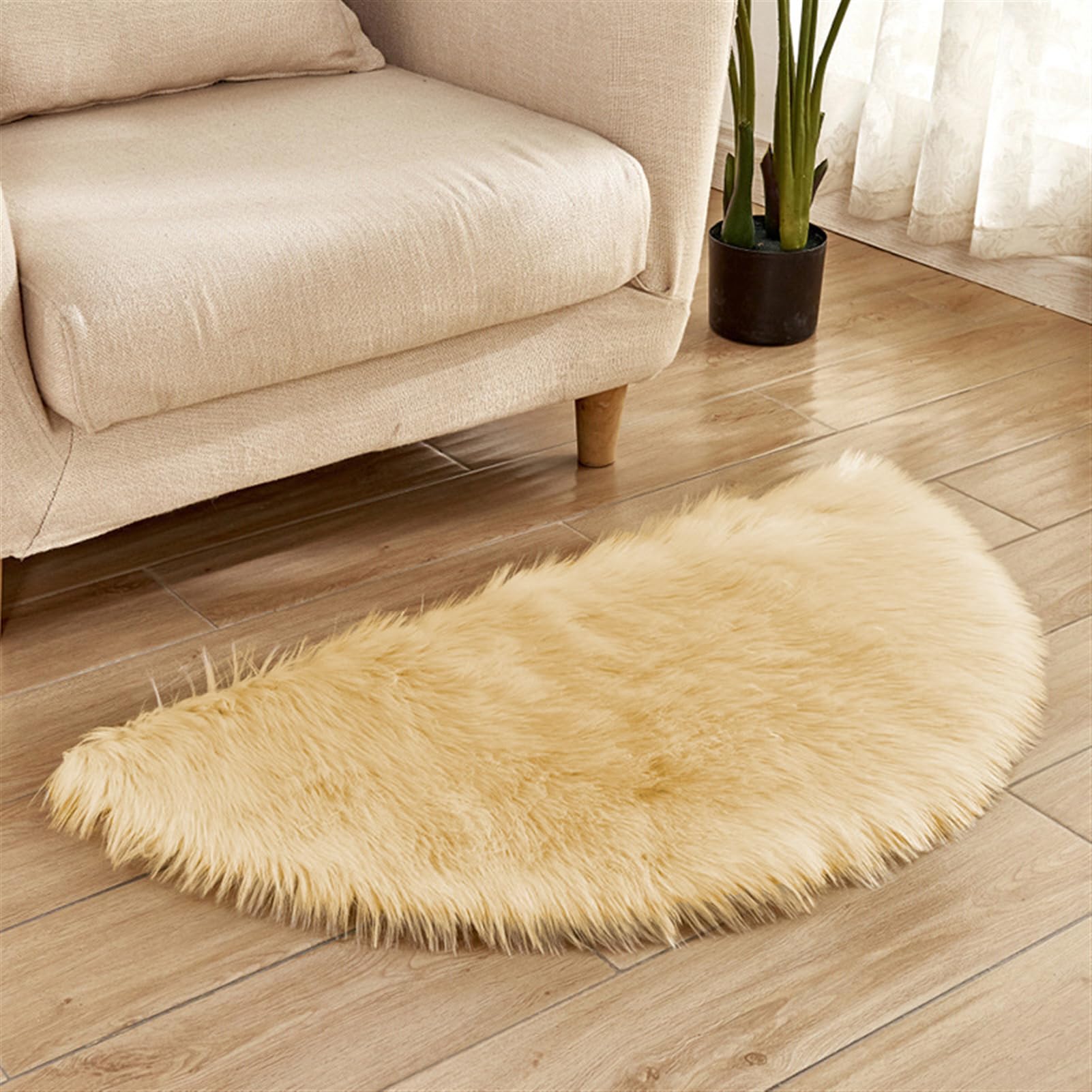 GIBZ Semicircle Fluffy Rug Soft Anti Slip Carpet for Bedside Bedroom Modern Home Decor Shaggy Mat, Beige, 60x120cm