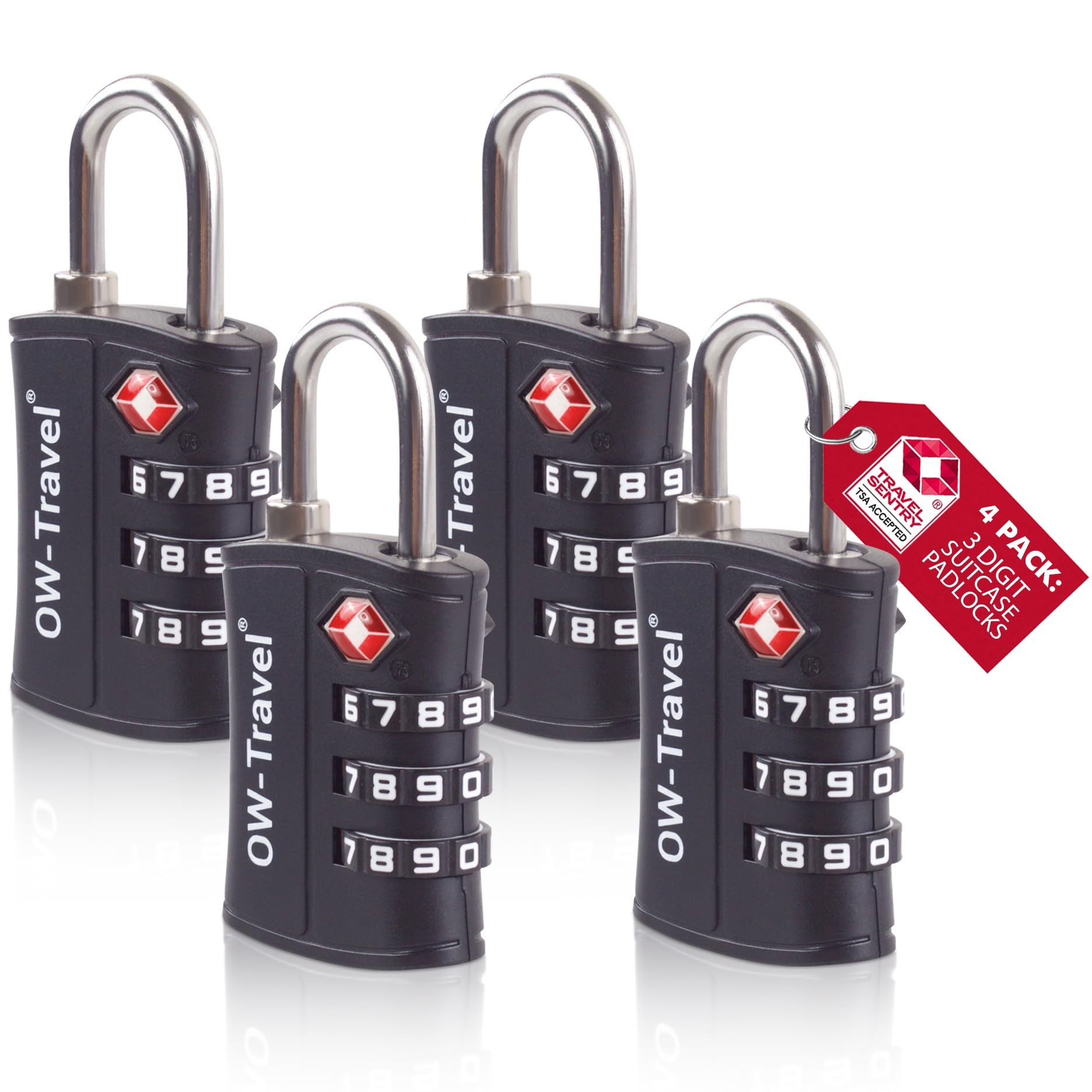 OW-Travel TSA Kofferschloss Zahlenschloss 3-stellig (4 Stück Schwarz) ABS-Kunststoff TSA Schloss USA, Vorhängeschloss, Gepäckschloss für Koffer, Reisegepäck, Taschen, Reisekoffer, Rucksack, Spind