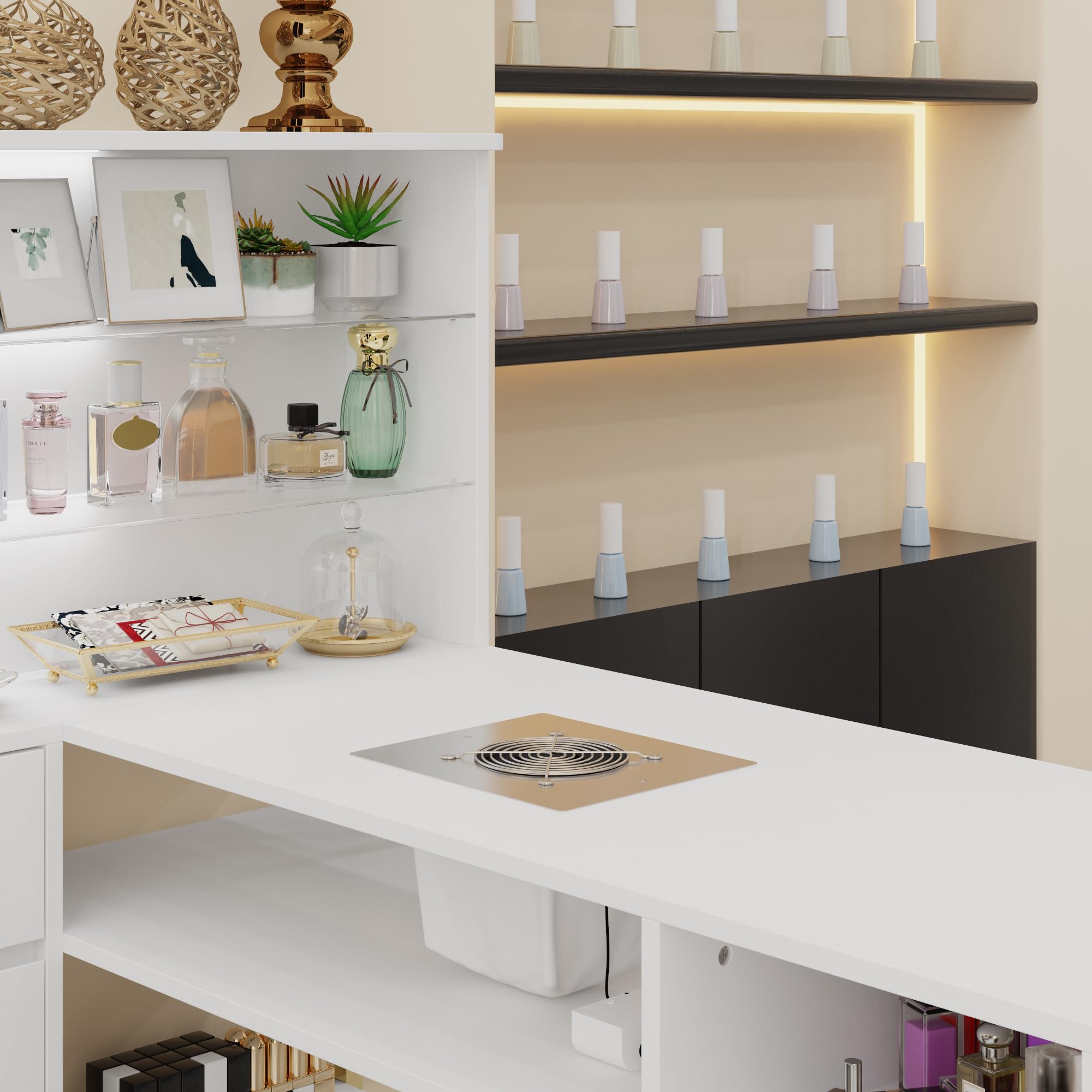 Mesa de manicura con aspiradora mesa de uñas 6 estantes de cristal, mesa de cuidado de uñas con LED y 4 cajones mesa manicura profesional 120x42.9x126.5cm para salón de manicura y belleza, color