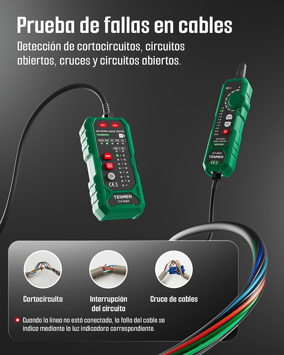 TESMEN TLP-900AR Comprobador de cables de red, RJ11 RJ45, para CAT5/6/POE/STP, con emparejamiento, Continuidad, QC&NCV, apto para Ethernet, Teléfono, mantenimiento y clasificación de cables -verde