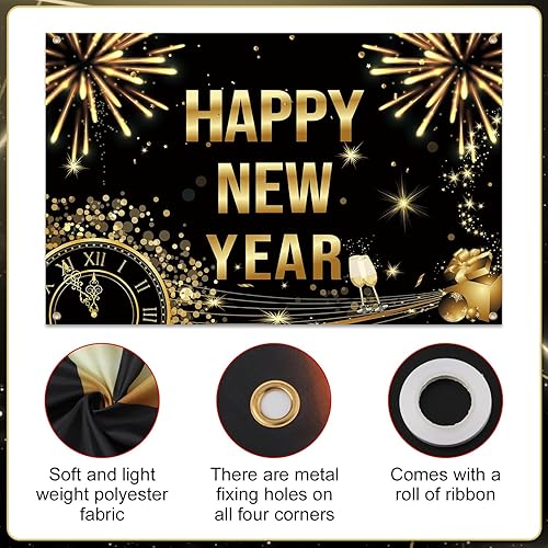 Miniatura 4 de Cartel de feliz año nuevo de 71 x 45 pulgadas, fondo dorado grande de feliz año nuevo 2024, decoración de Nochevieja, suministros para fiestas,