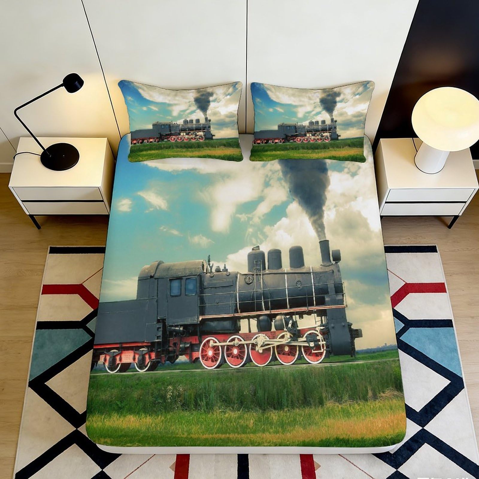 3D Printed Vintage Steam Train Fitted Sheet Microfiber Soft Breathable Classic Locomotive Bed Cover for Bedroom Dormitory Guest Room Mattress Protection 90x200x25cm