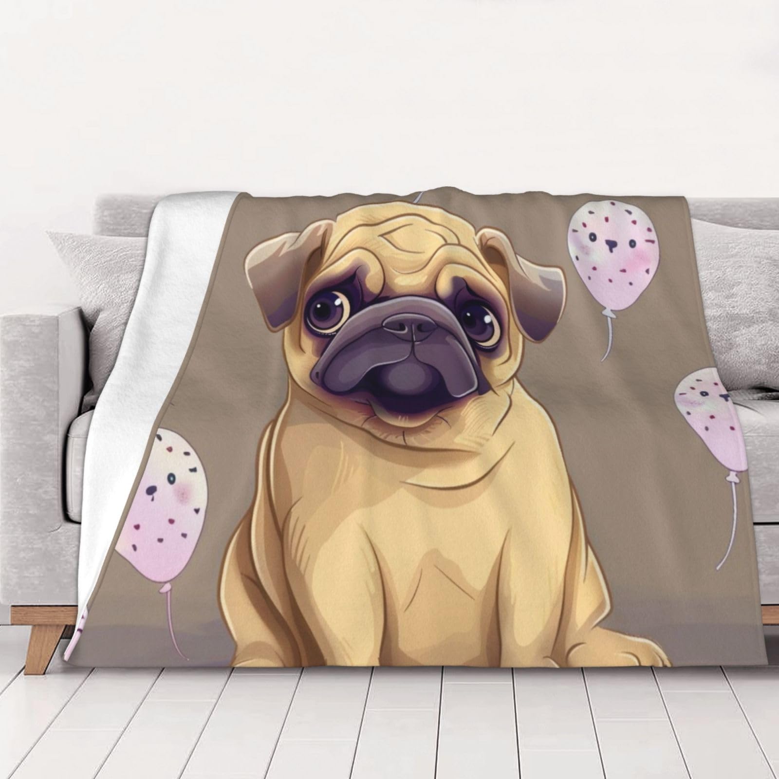 AUBKFELD Funny Cartoon Pug Puppy Dog Printed Flannel Blanket 125x100 CM, Soft & Warm Throw Blanket for Sofa/Couch/Bed/Car, Gifts for Audlts Women Men