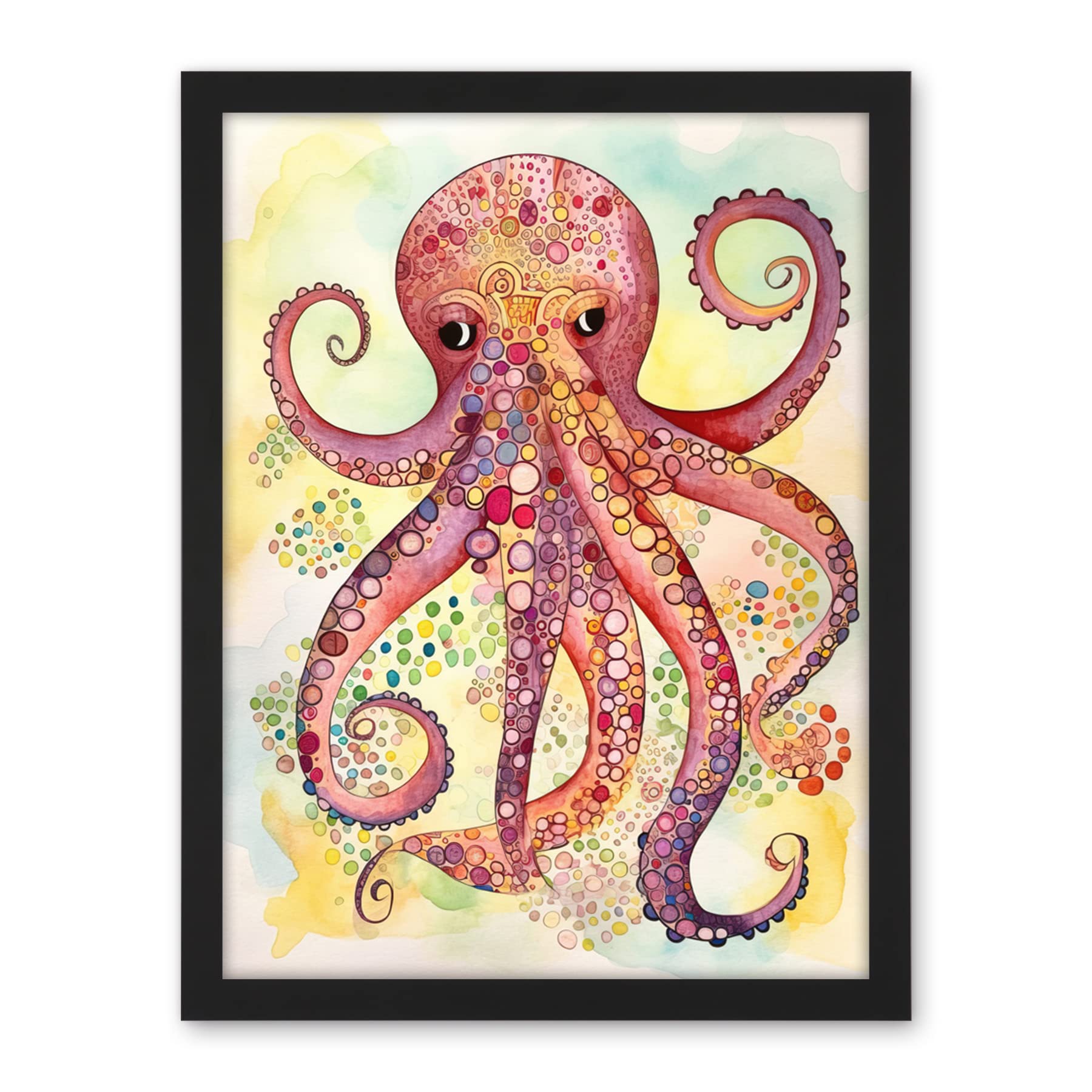 Artery8 Octopus Portrait Bright Folk Art Watercolour Painting Artwork Framed Wall Art Print 18X24 Inch