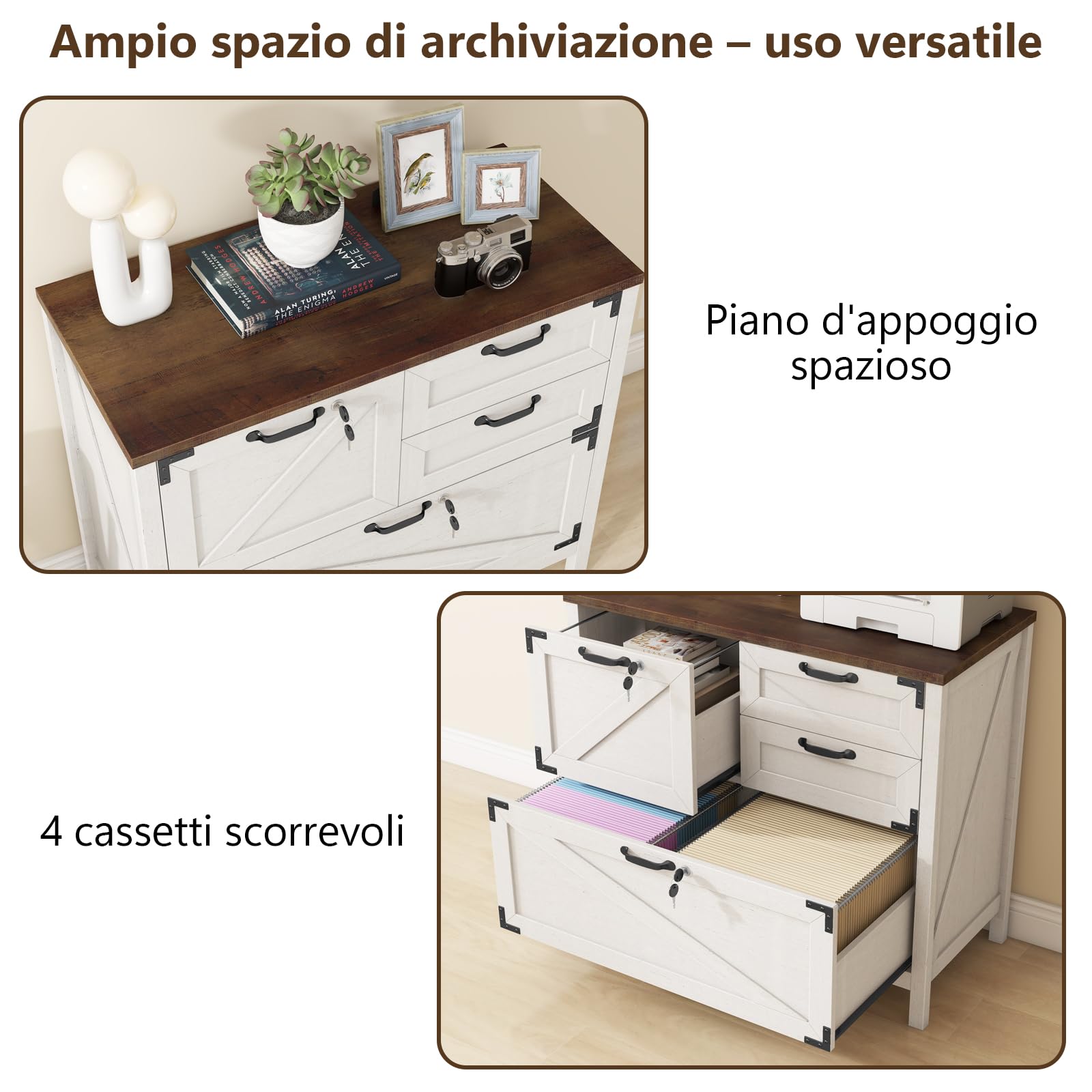 BonVache Armadietto con 3 cassetti e ante, in stile rustico, in legno, bianco, per ufficio domestico, con ripiano per stampante, adatto per cartelle sospese A4/lettere