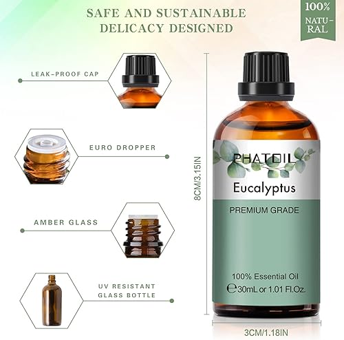Miniatura 5 de PHATOIL Aceite esencial de eucalipto, 1 onza líquida, aceites esenciales puros de eucalipto para difusor, humidificador, aromaterapia, perfecto para