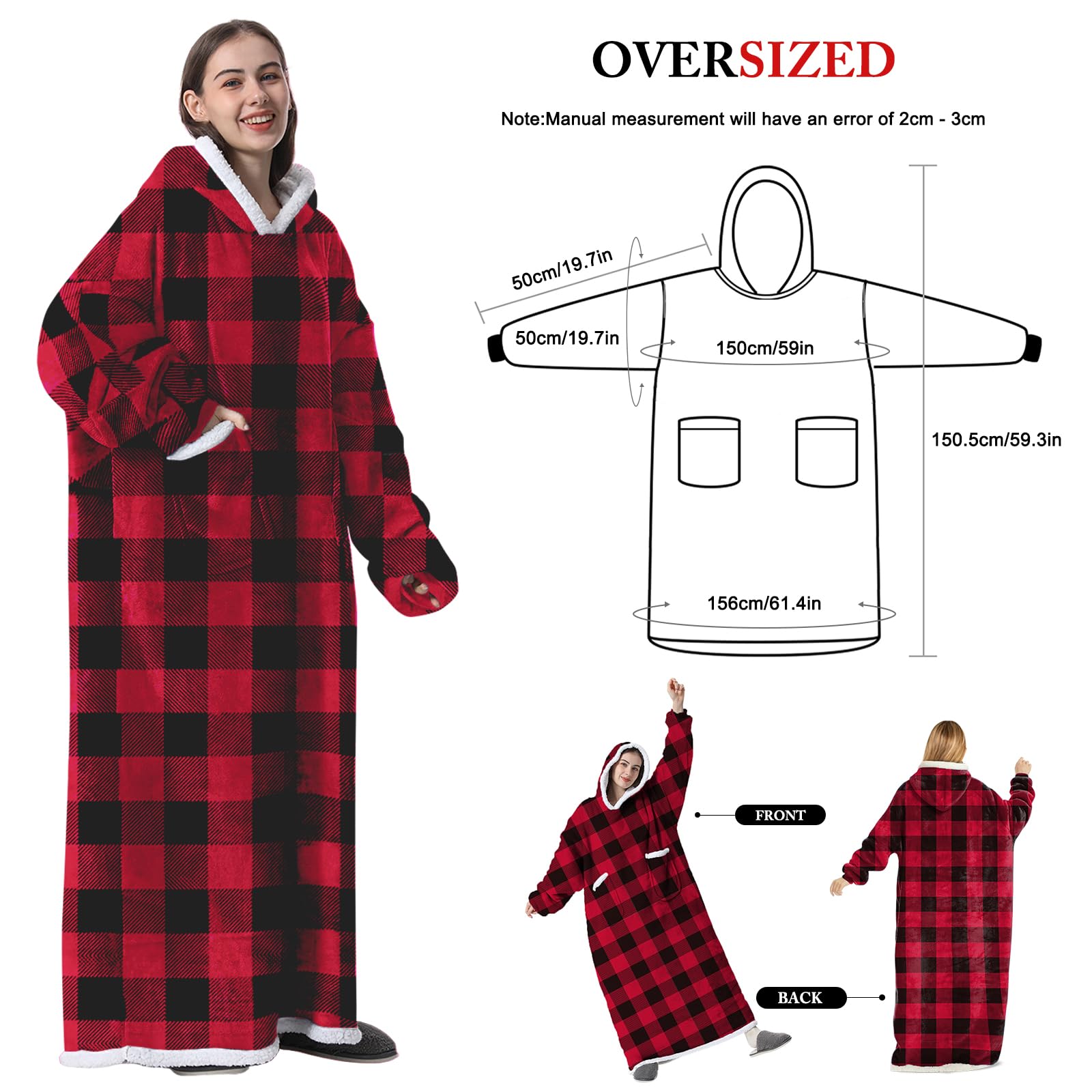 Übergroße Sherpa Hoodie Sweatshirt Decke Weiche Gemütliche Warme Riesen Hoodie Kuscheldecke mit Ärmeln Kapuzenpullover Super Weich und Bequem Weihnachtspullover Geeignet für Erwachsene, Männer, Frauen