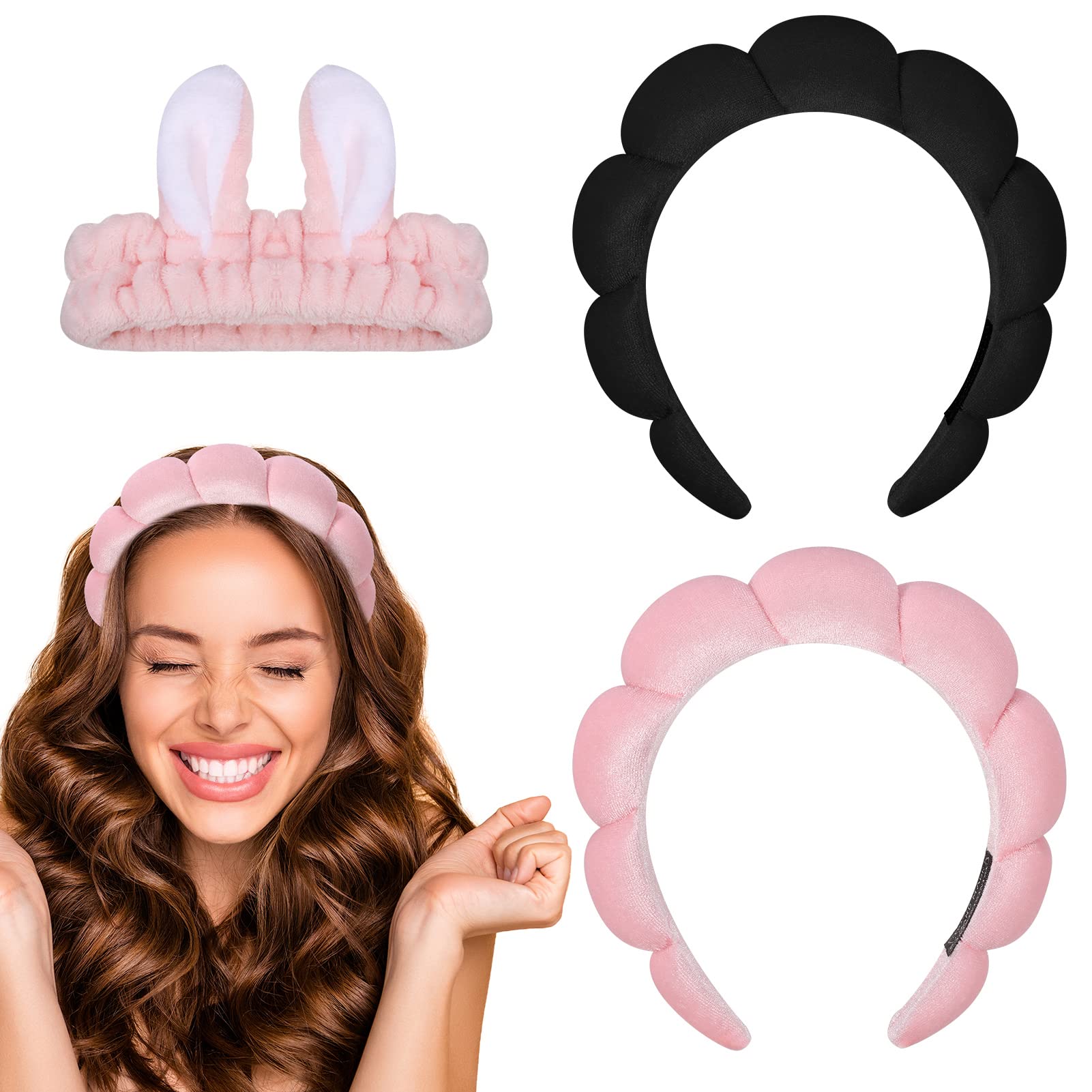 Smilcloud 2 Pcs Spa Headband for Washing Face, Puffy Bubble Headbands Soft Makeup Headbands with 1 pcs Cat Ear Hairbands for Women Shower Washing Yoga Skincare