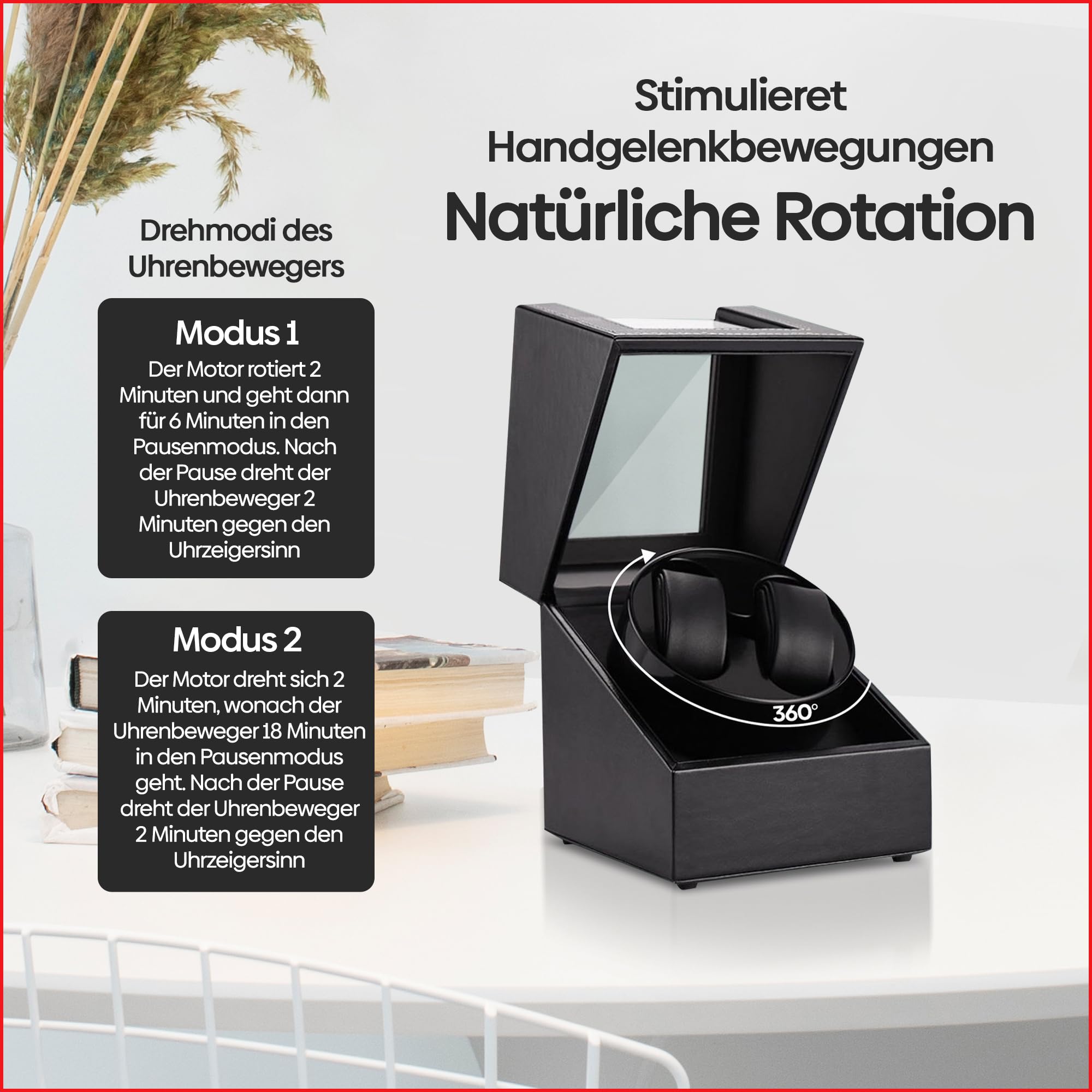 Olvy Uhrenbeweger Automatikuhren 2 Uhren Lederbox Leise | 2 Stück | Schwarzes Leder | Pärchen Uhren Halter | Verstellbare Kissen | Mechanische Uhrenbox