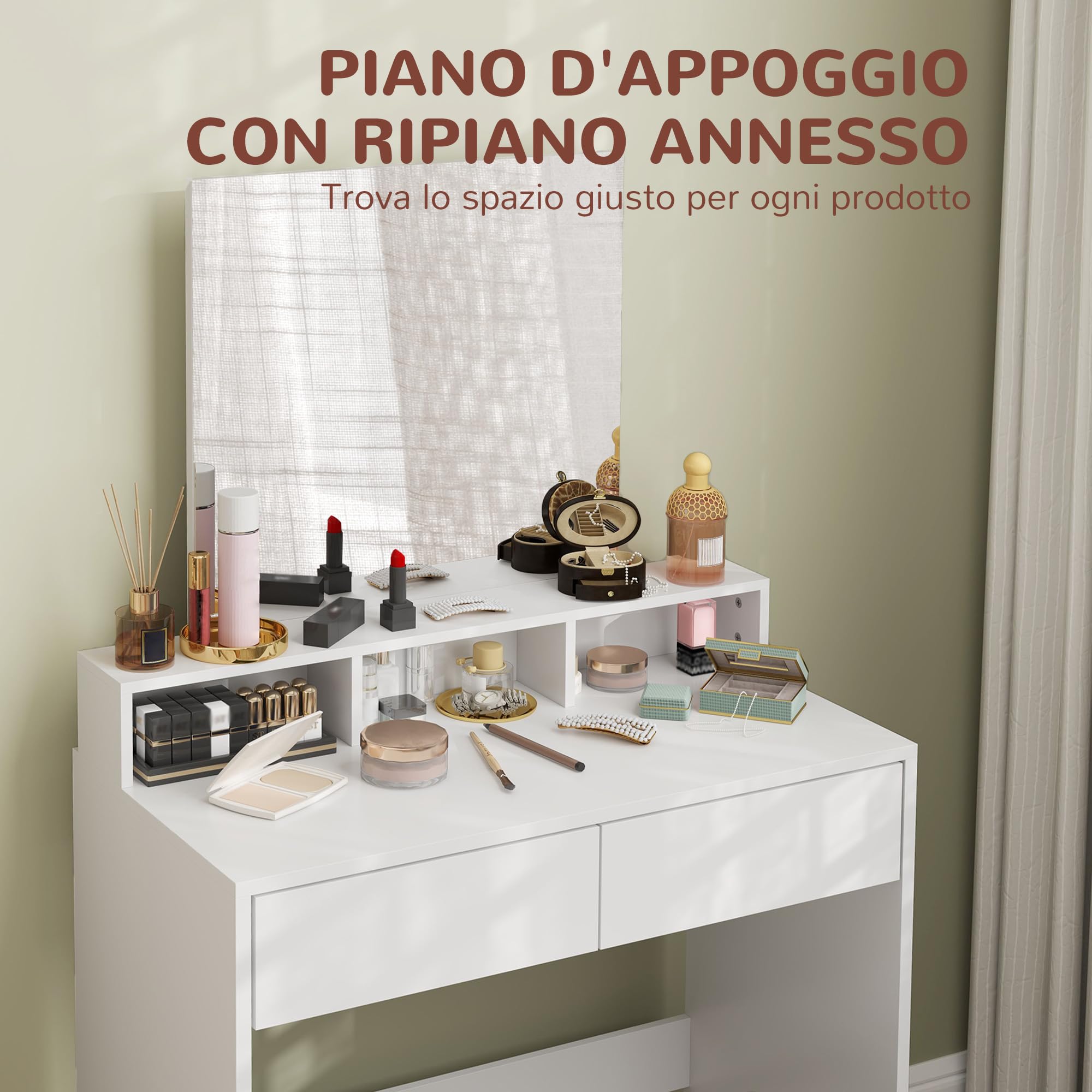 HOMCOM Postazione Trucco con Sgabello, Tavolo da Trucco con Specchio, 3 Ripiani, 2 Cassetti, Toeletta Trucco Moderno in Legno per Camera da Letto, 75x38x135 cm, Bianco