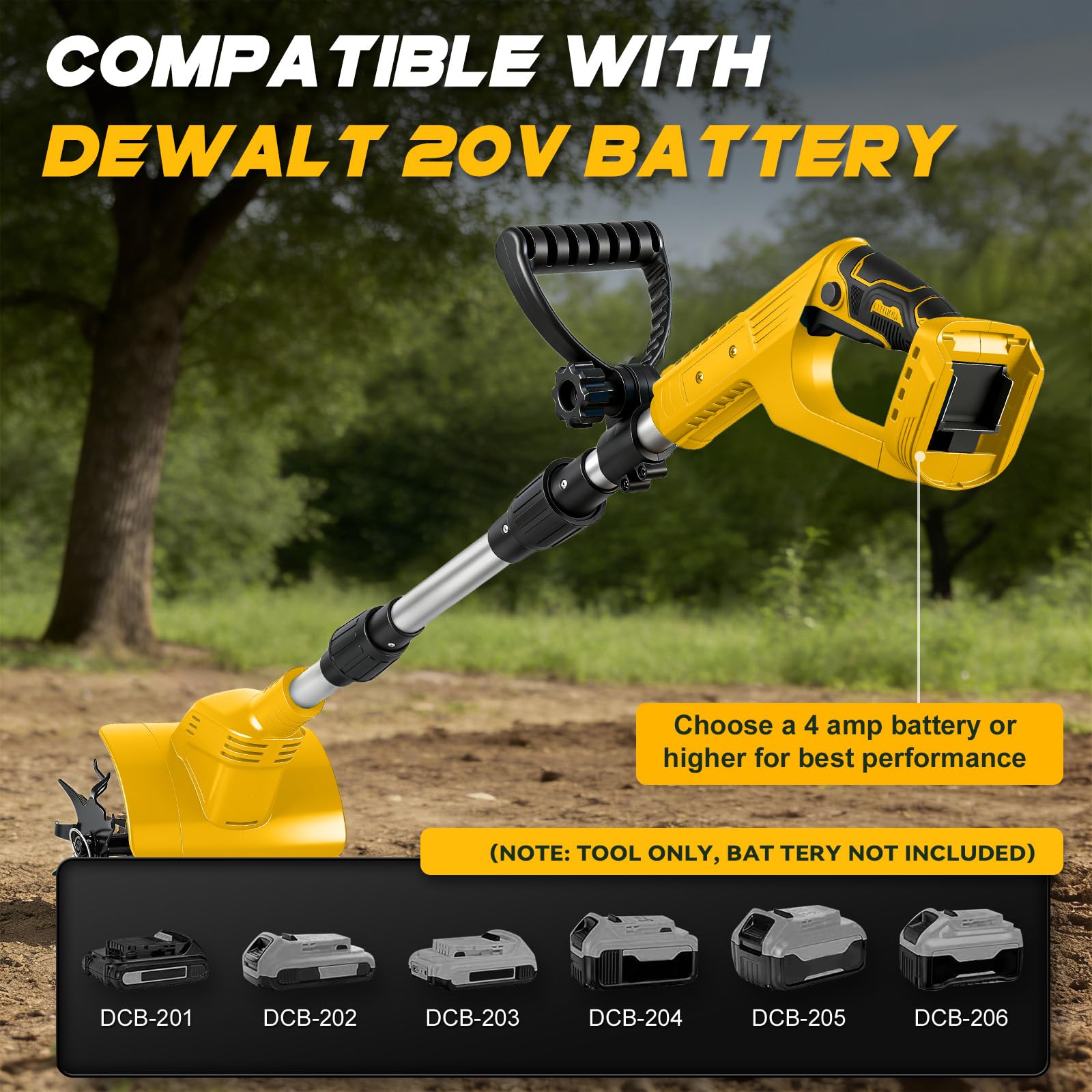 Azada de suelo inalámbrica compatible con batería Dewalt de 20 V, batería de 500 W, 20 cm de profundidad de labranza, 16 cm de ancho de mecanizado, 360 rpm, sin escobillas, plegable, fresadora