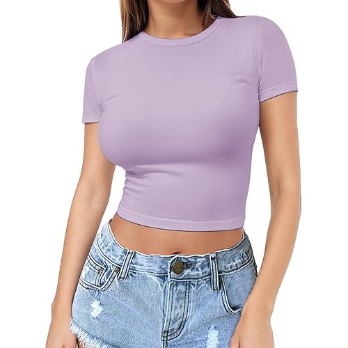 Womens Short Sleeve Crop Top Crew Neck Y2K Shirt Sexy Slim Fitted Casual Base Layer Soft Workout Shirt Going Out Tops