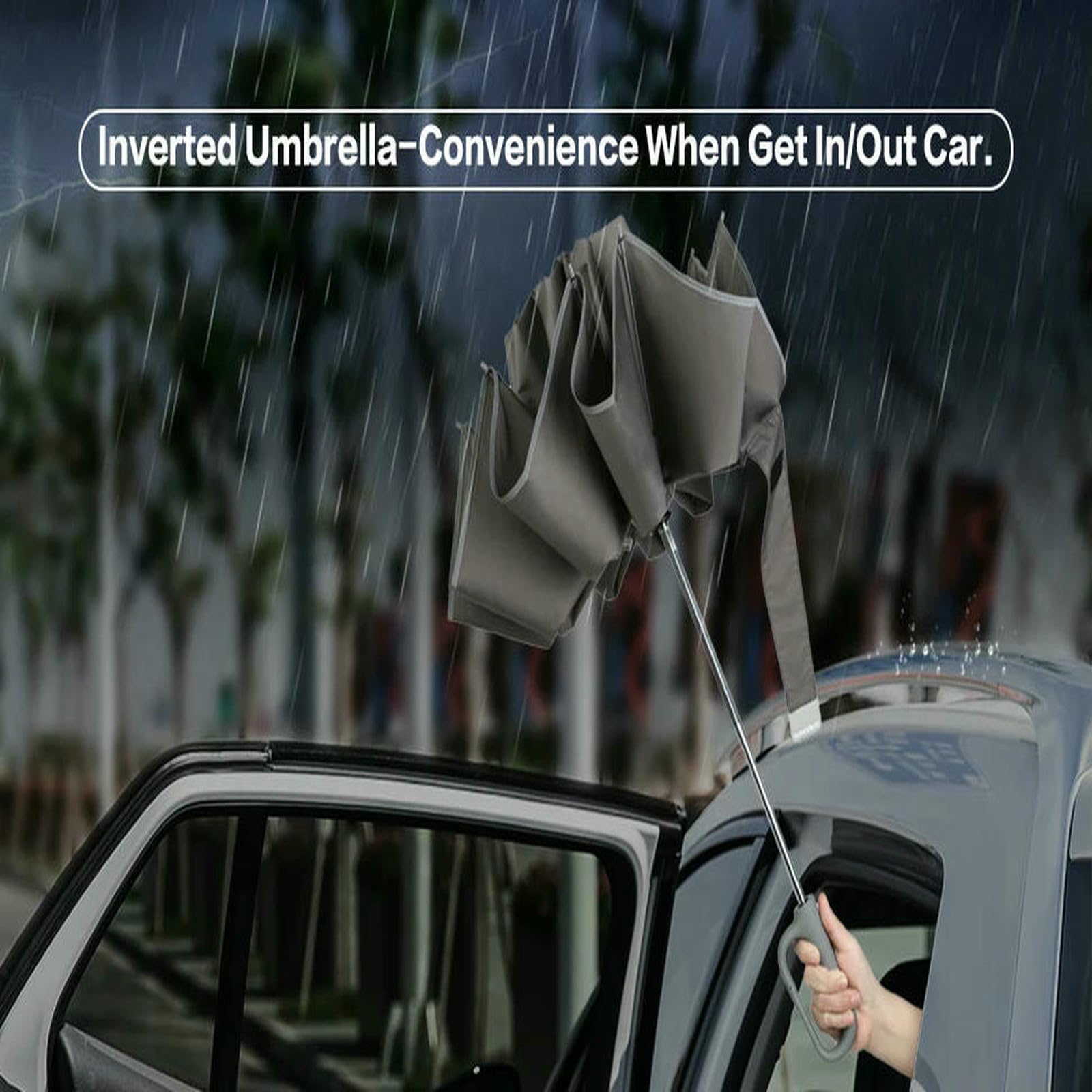 Ombrello Grande A Piegatura Inversa Antivento - Strisce Automatiche Aperte E Vicine, Riflettenti, Protezione Up50+ UV, Rain & Sun Parasol-125 Cm Nero