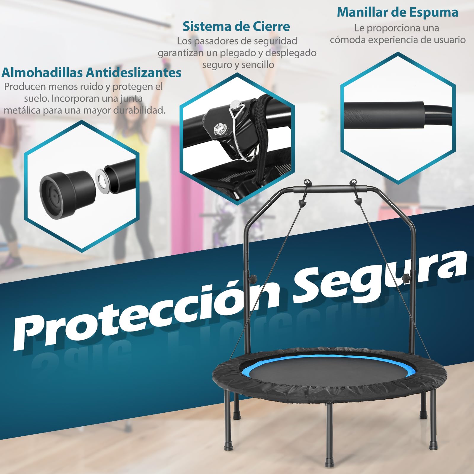 GYMAX Plegable Fitness Trampolín para Adultos y Niños, hasta 150 kg, Cama Elastica Fitness con Silencioso y Plegable, Mango de Espuma Ajustable en Altura y 2 Bandas de Resistencia