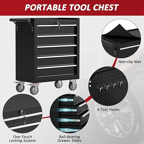 Miniatura 5 de Cofre de herramientas con ruedas de 5 cajones, caja de herramientas con ruedas y cajones, caja con sistema de bloqueo, caja de herramientas con