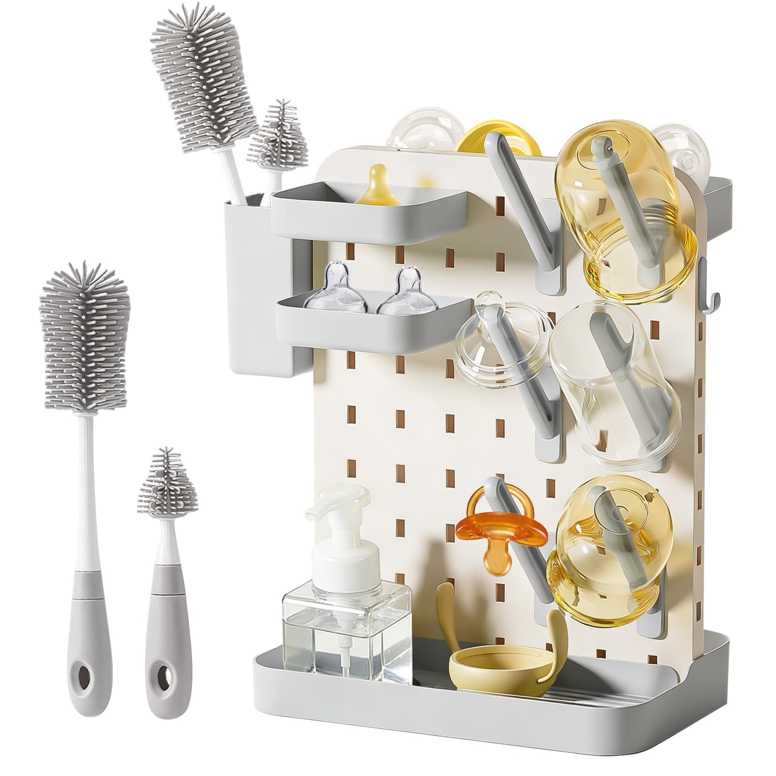 auvstar Trockenständer Babyflaschen mit Flaschenbürsten Set,Abtropfgestell Flaschen Baby,Platzsparender Flaschentrockner Baby,Babyflaschenhalter Trockengestell mit Abtropfschale,BPA Frei (Grau)