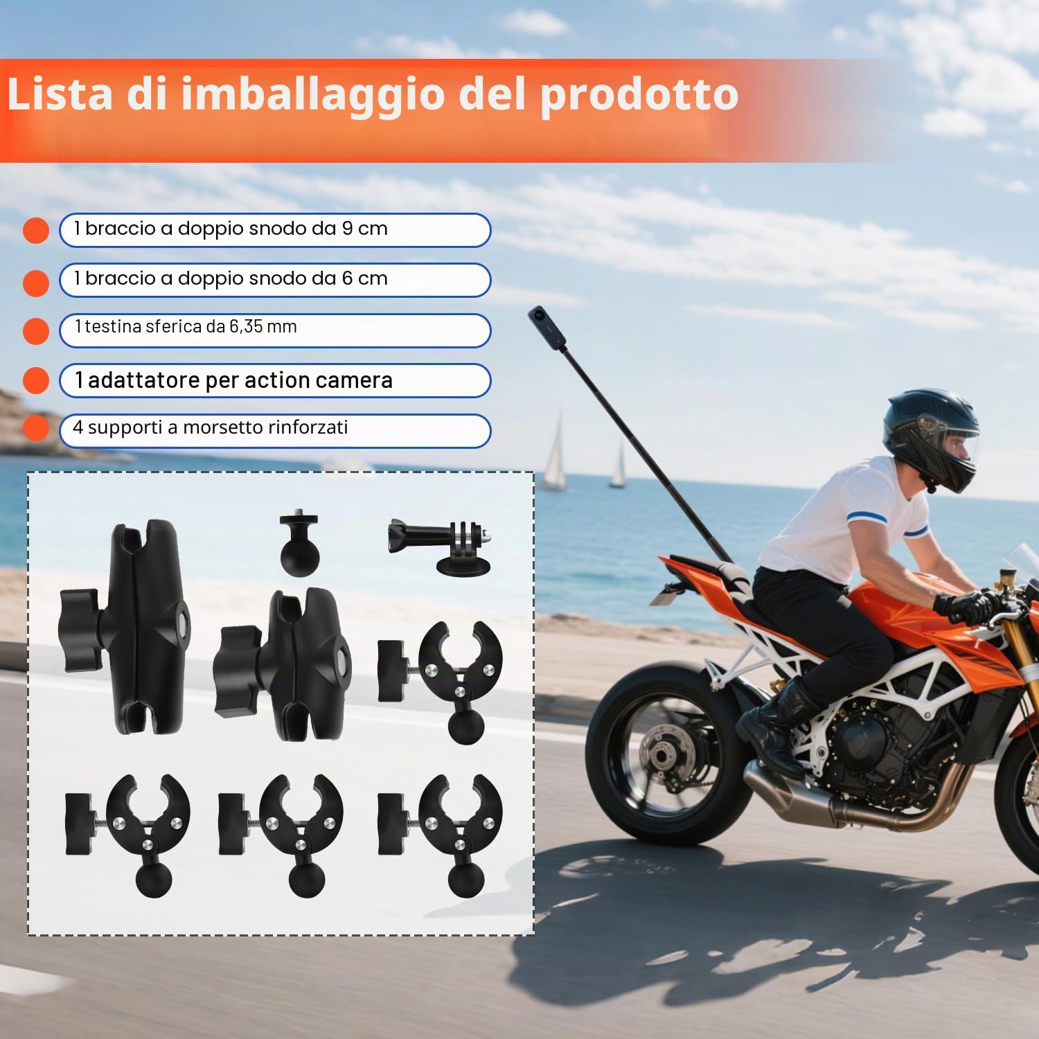 Moto Montaggio Kit Compatibile con Insta360 X5-X,Osmo 360, OSMO NANO Telecamera Supporto Manubrio Doppio Morsetto Compatibile con GoPro 13-3 Riprese Cavallo Registrazioni ATV UTV Barca (Senza Bastone)