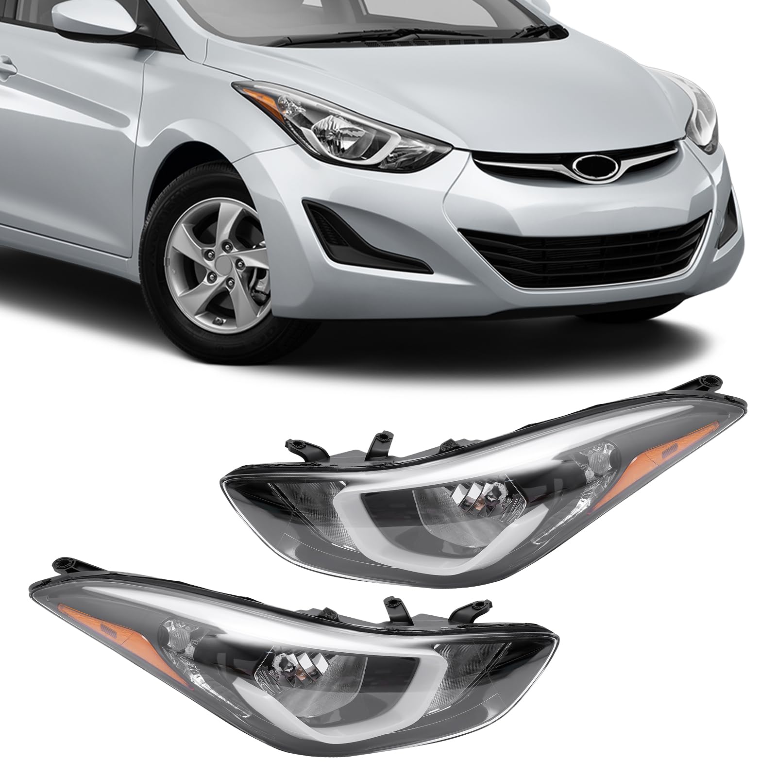 PIAOYUE- For 2014 2015 2016 Hyundai Elantra Halogen Headlights Reflector Left Driver+ Right Passenger Side Black Housing w/o LED DRL (No for GT series