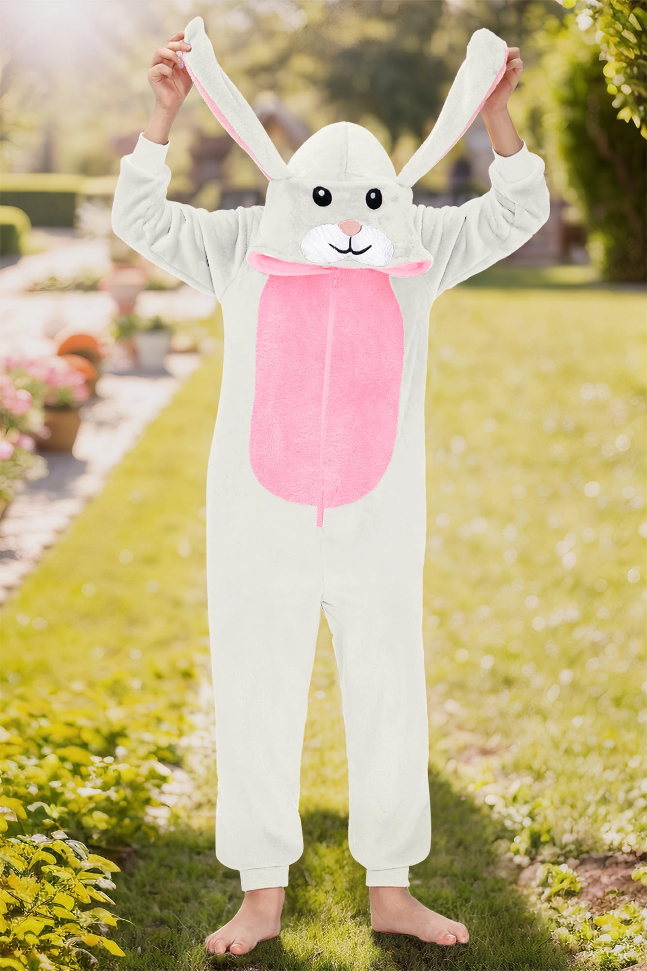 BesserBay Tuta intera unisex per bambini, con cappuccio, per Halloween, coniglietto peloso, 4-14 anni, Bianco | Tuta Coniglio, 8 anni