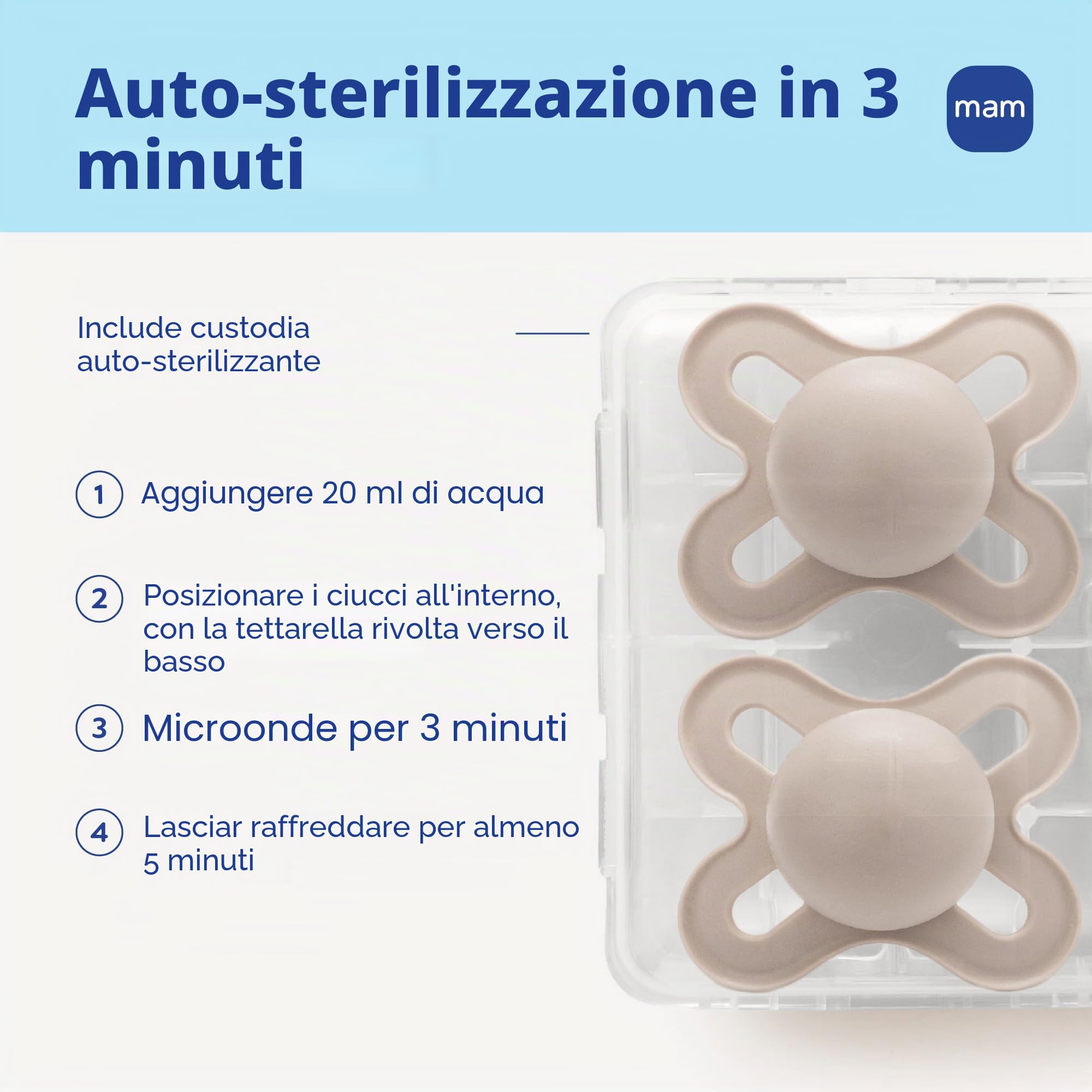 MAM Start - Ciucci per neonati (2 pezzi), 1 custodia sterilizzante, ciucci per neonati, il miglior ciuccio per neonati allattati al seno, astuccio per ciuccio sterilizzatore