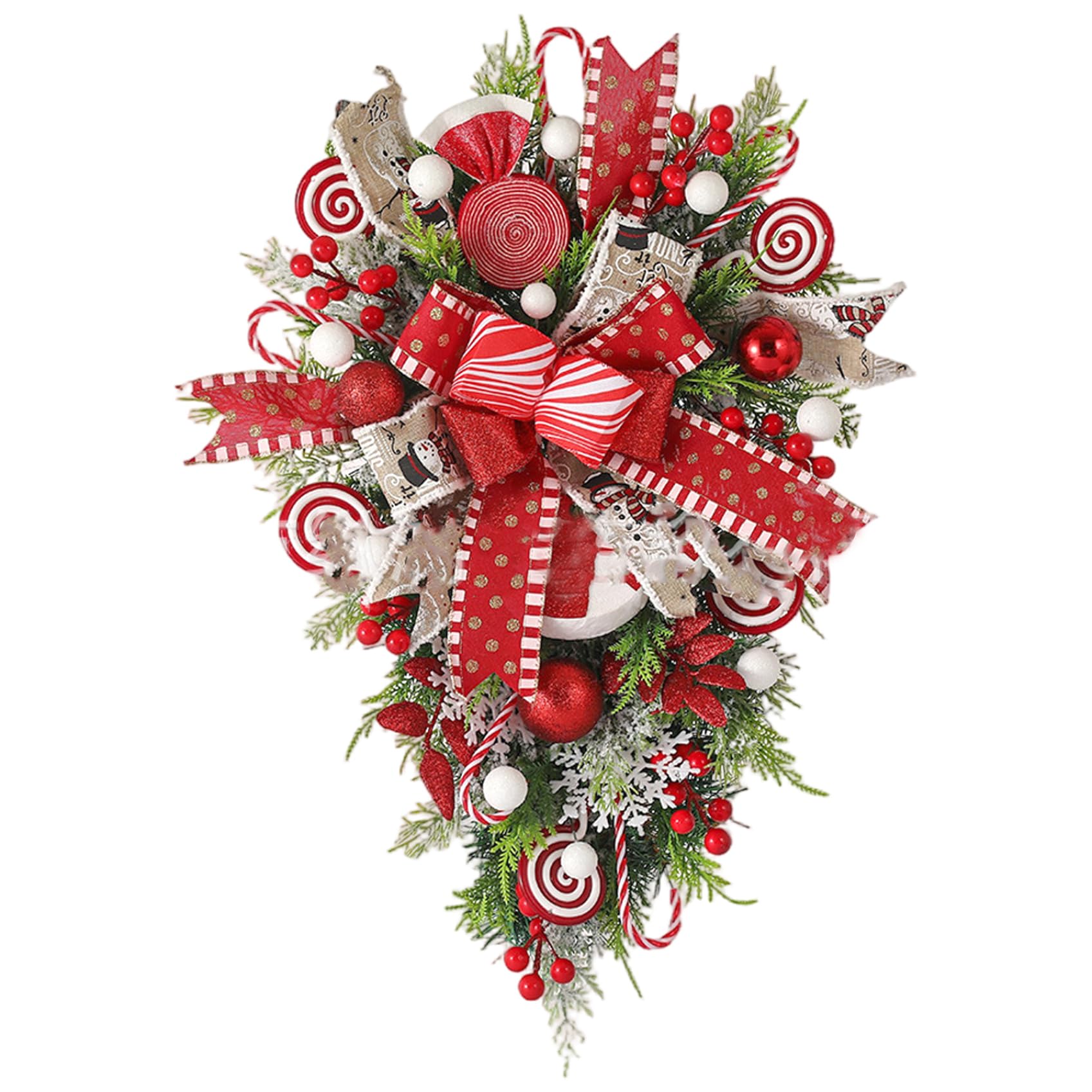 Couronne de Noël en larme de 50 cm rouge blanche canne à sucre