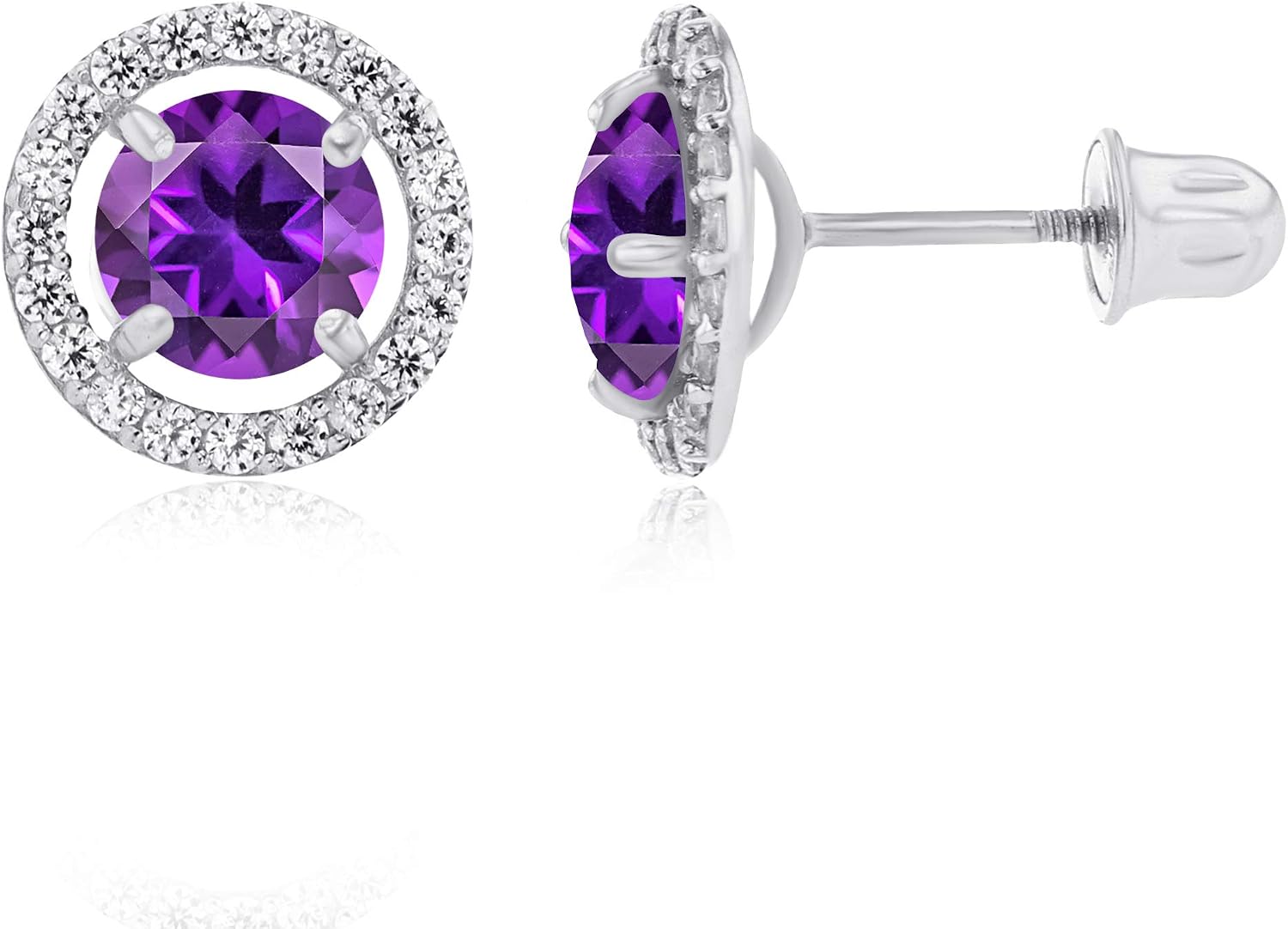 Solid 14K Gold 8mm Halo Natural Birthstone Screwback Stud Earrings For Women | 5mm Round Birthstone | 1mm Created White Sapphire Halo Screwback Earrings For Women