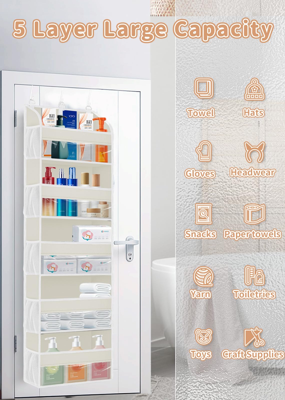 TAHAVICE Portaoggetti da Appendere con 5 Ripiani e 3 Ganci, Organizer da Appendere Salvaspazio, Mensole da Appendere per Porta per Camera da Letto, Bagno, Cucina, Furgone, Campeggio(beige)