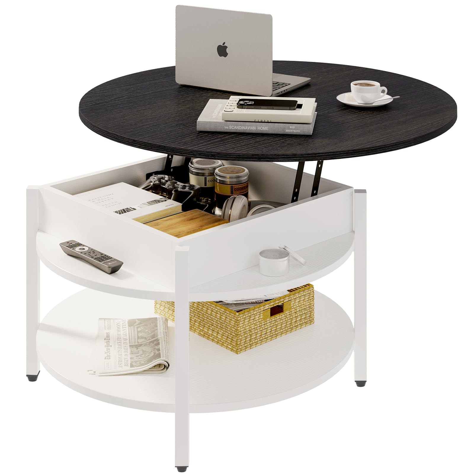 FABATO Round Lift Top Coffee Table for Living Room, 35.43'' Round Coffee Table with Storage and Hidden Compartment, 2 Tier Large Farmhouse Coffee Table Round Dining Table, White
