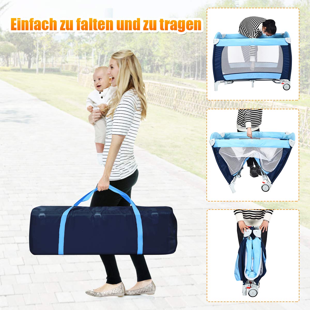COSTWAY 4 in 1 klappbares Reisebett & Babywiege & Wickeltisch & Laufstall mit Schaukelfunktion, inkl. Spieluhr, Spielbogen, Wickelauflage, Matratze, Windel Organizer und Tragetasche (blau)