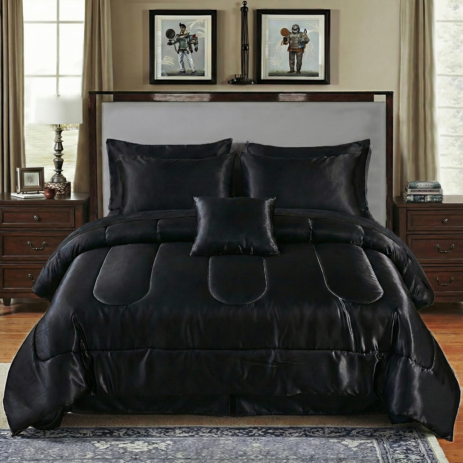 Black Silky Comforter Set Satin Queen Bed in a Bag 8 Pieces Luxury Hotel Silky Bedding with 1 Comforter, 1 Flat Sheet, 1 Fitted Sheet, 4 Pillowcases, 1 Cushion Cover (Queen, Black)
