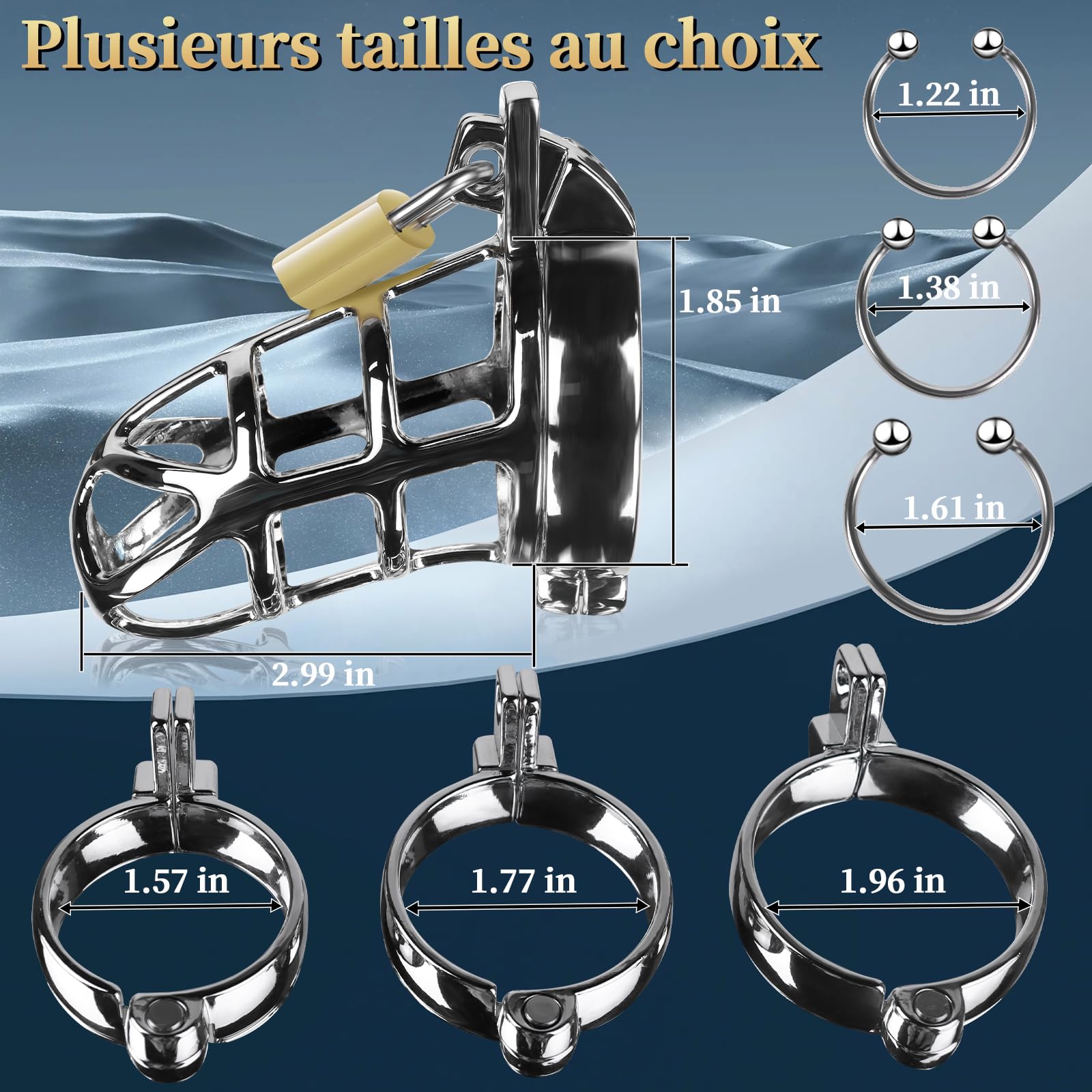 Cage de Chasteté Pénis Sex Toýs homme, Bondage Jouet Sexuel avec 3 Anneaux de Taille Active, 3 Anneaux Péniens en Métal, 2 Clés, Jouets pour Adultes pour Exercices Péniens et Abstinence
