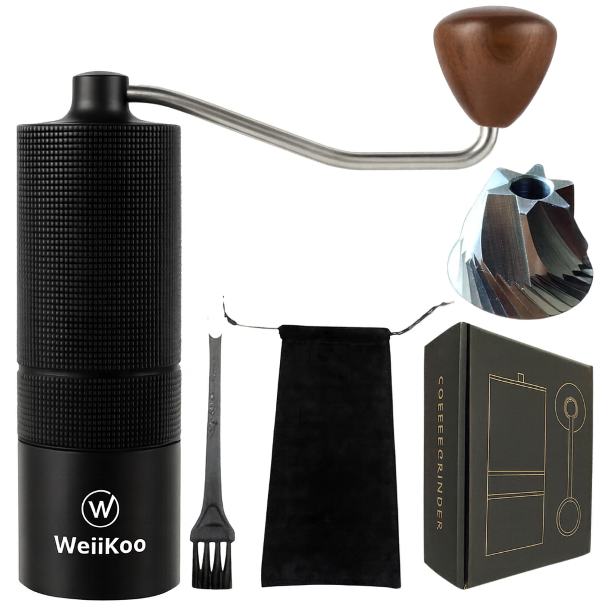 Molinillo Cafe Manual 25 g, Muelas Cónicas Hexagonales de Acero Inoxidable, Molienda Ajustable para Espresso, Moka y Prensa Francesa, Aluminio Anodizado y Nogal