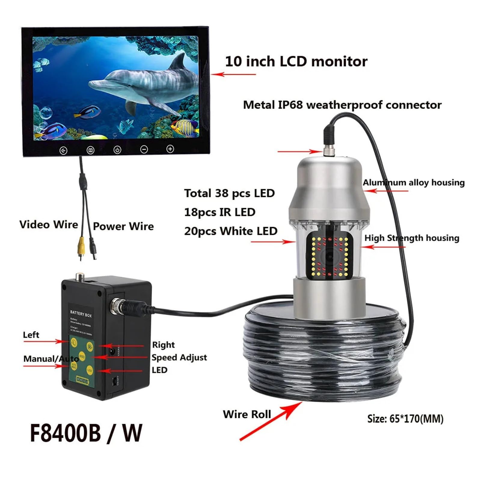 Cámara de pesca submarina de 10 pulgadas, 50 m, 100 m, IP68, resistente al agua, 38 LED, rotación de 360 ​​grados. Vista clara(38 LEDs 50M Cable)